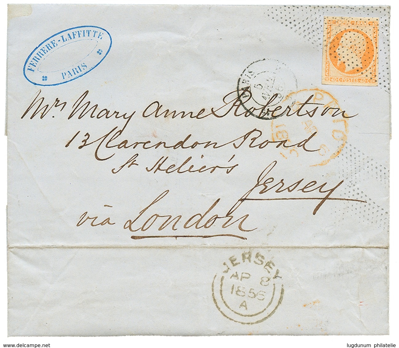 1856 40c(n°16) TTB Margé Obl. ROULEAU De POINTILLES Sur Lettre Pour JERSEY (sup. Cachet Au Verso). TTB. - 1853-1860 Napoléon III.