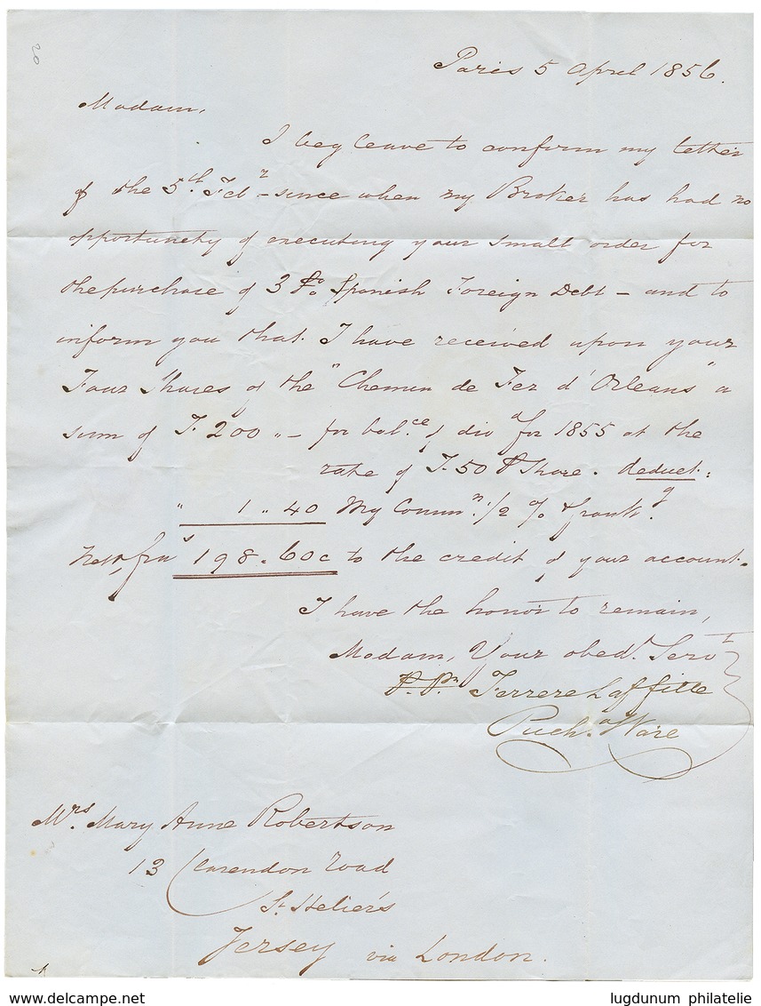 1856 40c(n°16) TTB Margé Obl. ROULEAU De POINTILLES Sur Lettre Pour JERSEY (sup. Cachet Au Verso). TTB. - 1853-1860 Napoléon III.