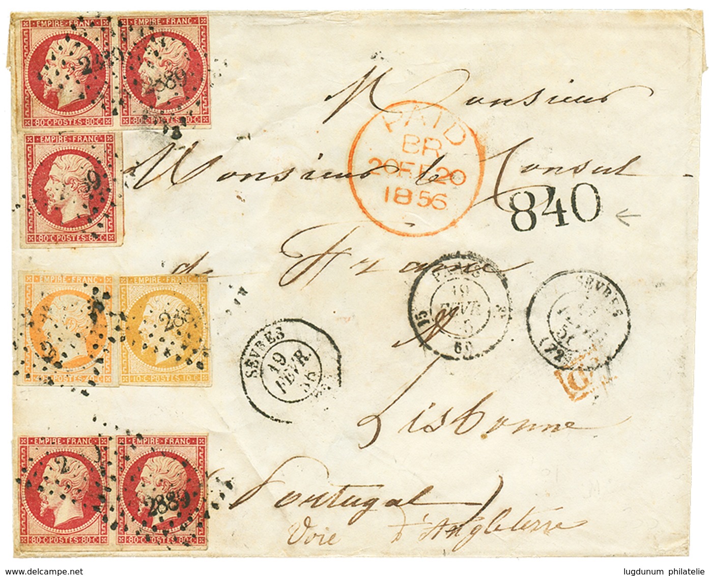 "Affrt à 4F50 Pour Le PORTUGAL" : 1856 80c(x5) + 10c(pd) + 40c Obl. PC 2889 + SEVRES + Taxe Portuguaise "840" Sur Envelo - 1853-1860 Napoléon III.