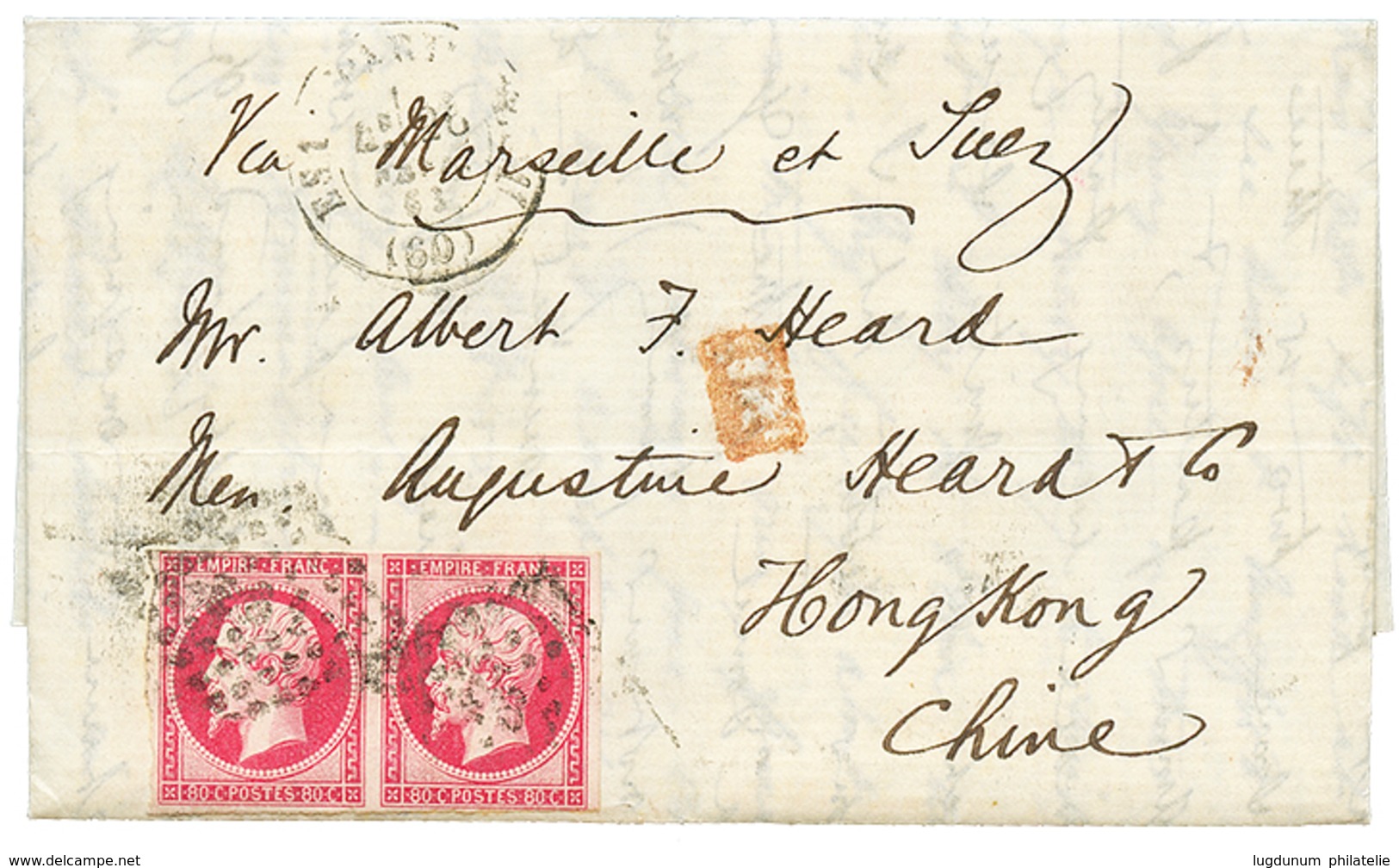 "Affrt à 1F60 Pour HONG-KONG" : 1863 Paire 80c(n°17) Non Touché Obl. Losange ESI Sur Lettre De PARIS Pour HONG-KONG CHIN - 1853-1860 Napoléon III.