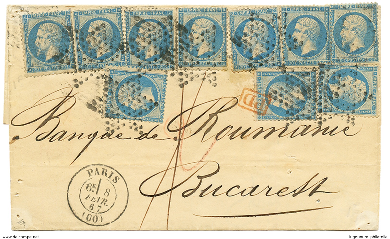 "Affrt à 2F Pour La ROUMANIE" : 1867 10 Exemplaires Du 20c(n°22) Sur Lettre De PARIS Pour BUCAREST (ROUMANIE). Affrt Et  - 1863-1870 Napoléon III. Laure