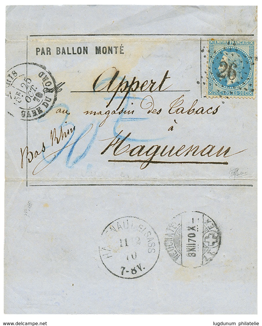 "BALLON MONTE Taxé Pour L' ALSACE Via La SUISSE : 20c(n°29) Obl. Etoile 26 + PARIS 25 Oct 70 + Taxe 2 Annulée + Taxe 30  - Krieg 1870