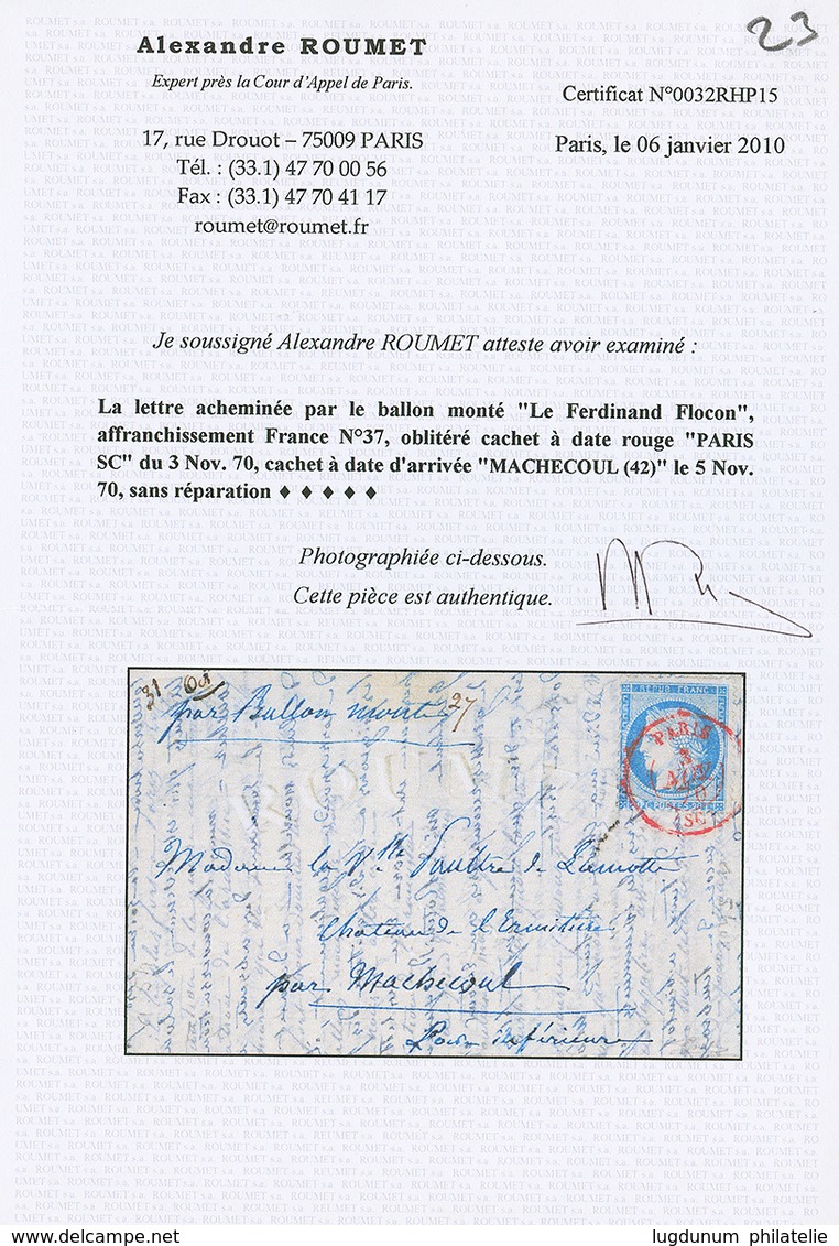 1870 20c(n°37) Obl. PARIS SC 2 Nov 70 En Rouge Sur BALLON MONTE Pour MACHECOUL (5 Nov 70). Superbe. - Krieg 1870