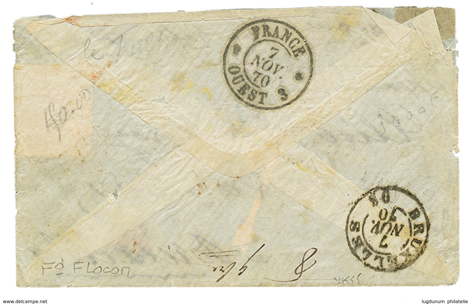 1870 30c(n°31) Obl. PARIS SC 2 Nov 70 Rouge + Cachet De Passage NANTES 5 Nov 70 (cote +950€) Sur Enveloppe Pour BRUXELLE - Krieg 1870