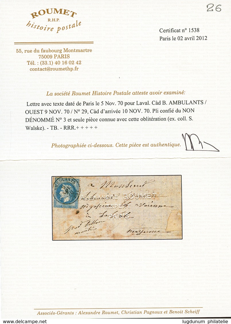 "AMBULANT OUEST Sur PLI CONFIE Du NON DENOME N°3" : 20c(n°29) Obl. Cachet AMBULANTS OUEST 9 Nov 70 Sur BALLON MONTE Avec - Krieg 1870