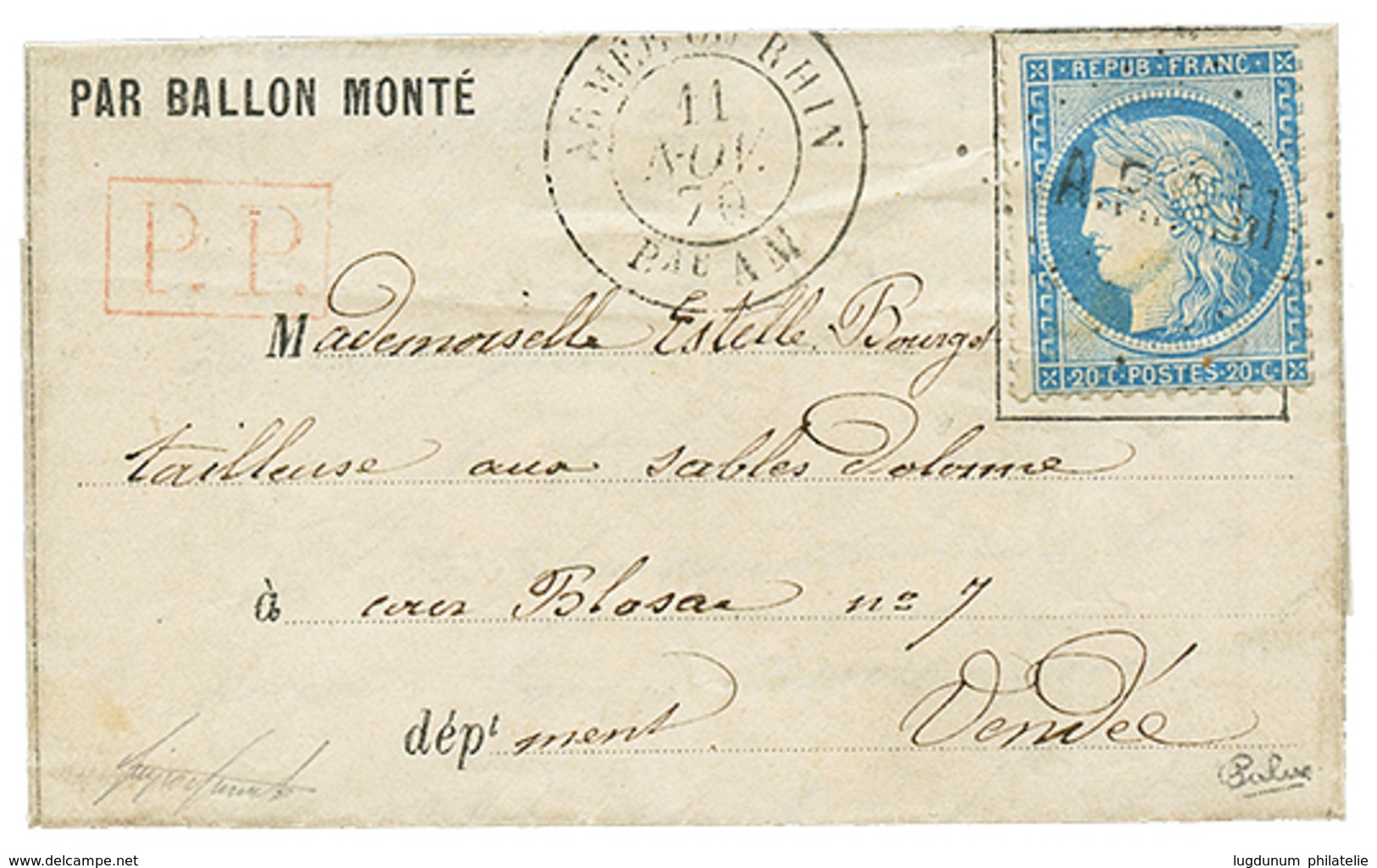 20c(n°37) Obl. A.R.A.M + ARMEE DU RHIN Bau AM Sur Lettre PAR BALLON MONTE Avec Texte Daté "YVRIE" Pour LES SABLES D' OLO - Krieg 1870