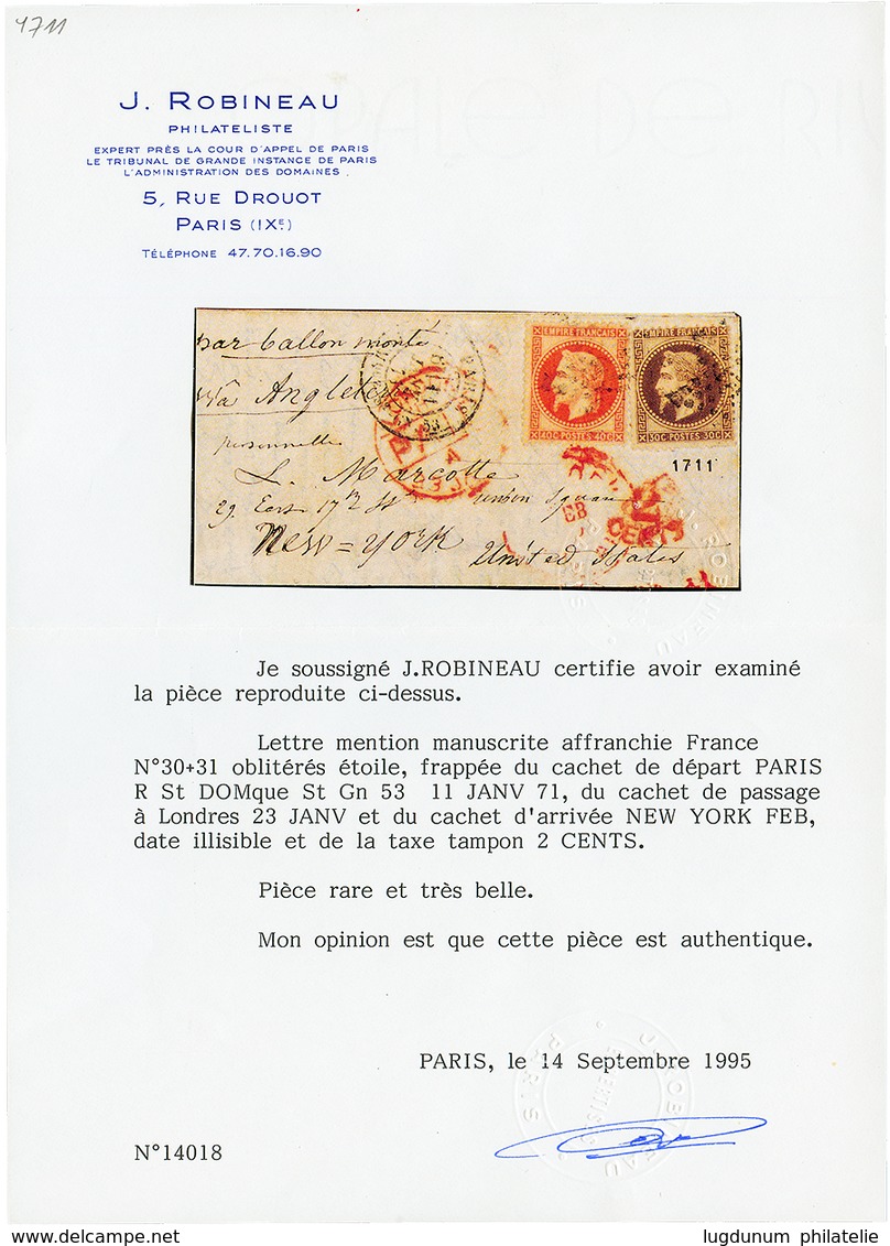 BALLON MONTE Pour Les ETATS-UNIS : 30c + 40c Obl. Etoile + PARIS 11 JANV. 71 Sur Lettre Avec Texte Pour NEW-YORK (UNITED - Krieg 1870