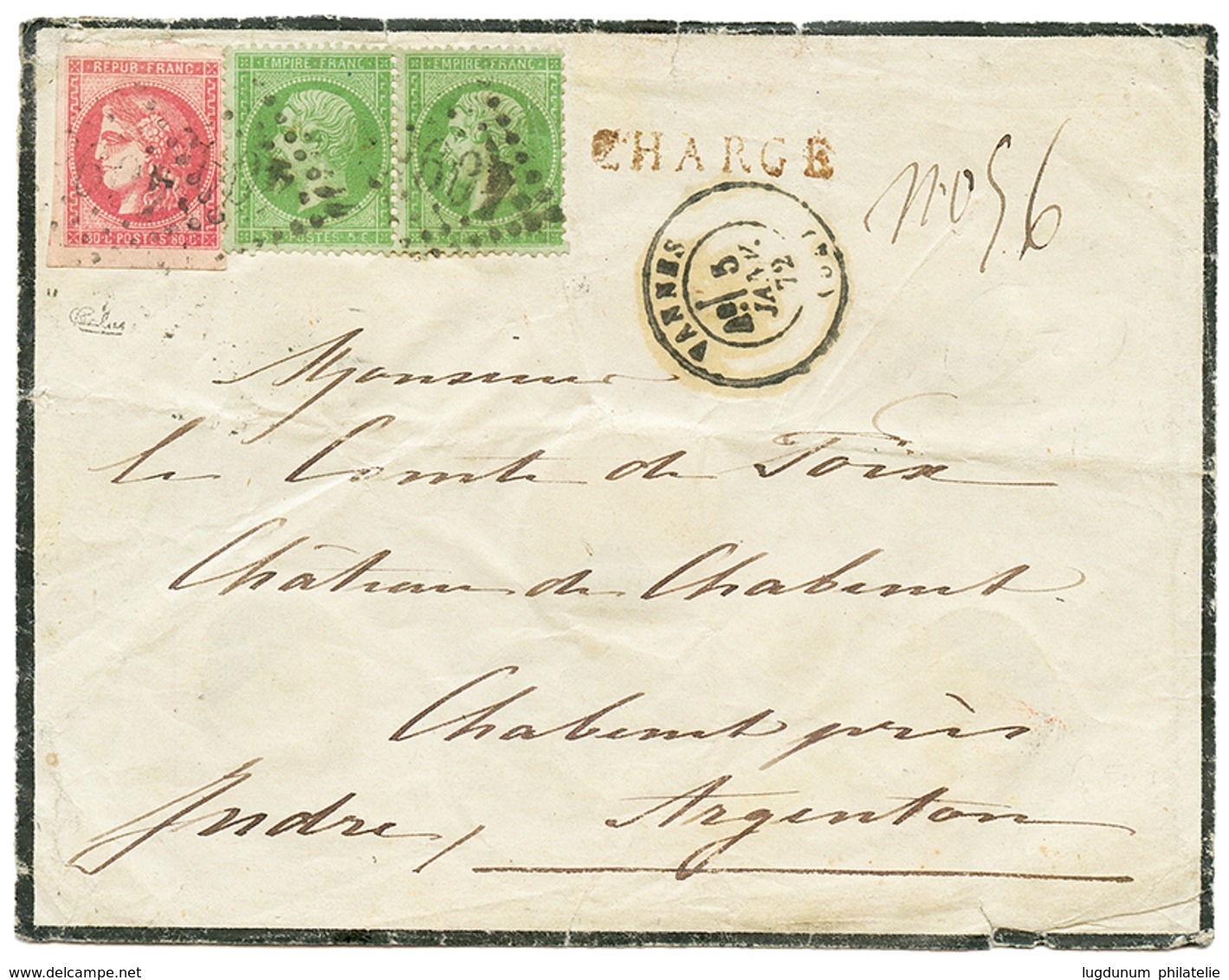 1872 Superbe Ex. Du 80c BORDEAUX (n°49) Avec 4 Trés Grandes Marges + Paire 5c(n°20) Obl. GC 4095 + T.17 VANNES Sur Envel - 1870 Ausgabe Bordeaux