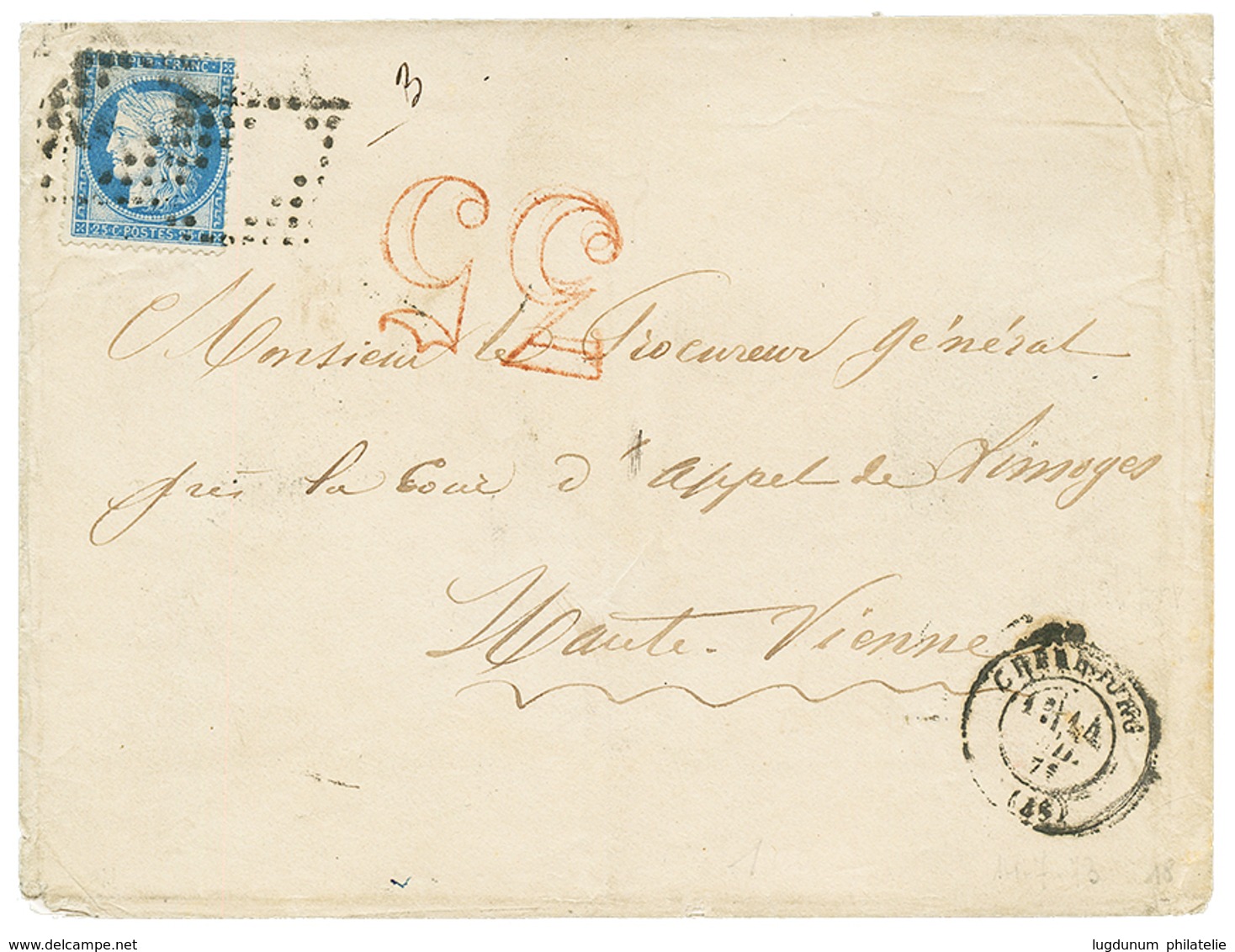"Taxe Spéciale De CHERBOURG" : 1873 25c(n°60) Obl. Cachet évidé + Taxe 35 D.T En Rouge Sur Enveloppe De CHERBOURG. RARET - 1871-1875 Ceres