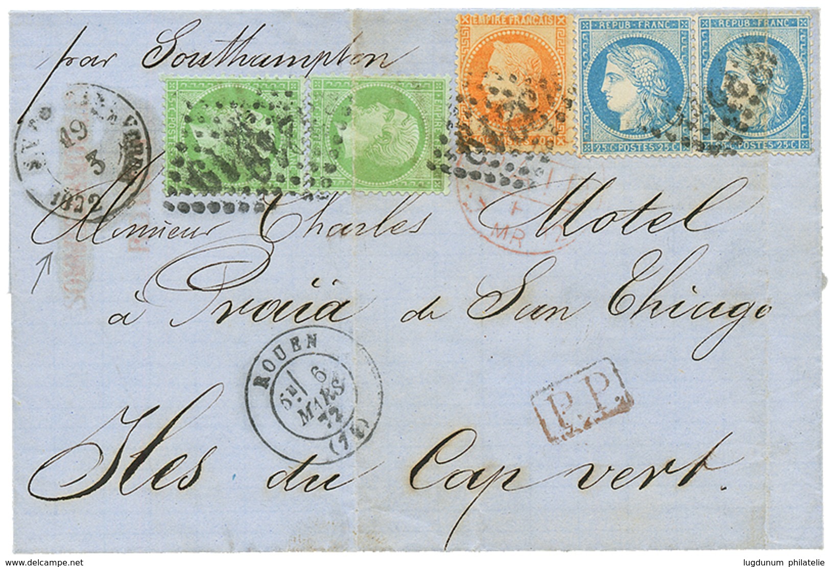 "Destination ILES Du CAP VERT" : 1872 Paire 5c EMPIRE (n°20) Un Ex. Pd + 40c LAURE + Paire 25c CERES Sur Lettre De ROUEN - 1871-1875 Ceres