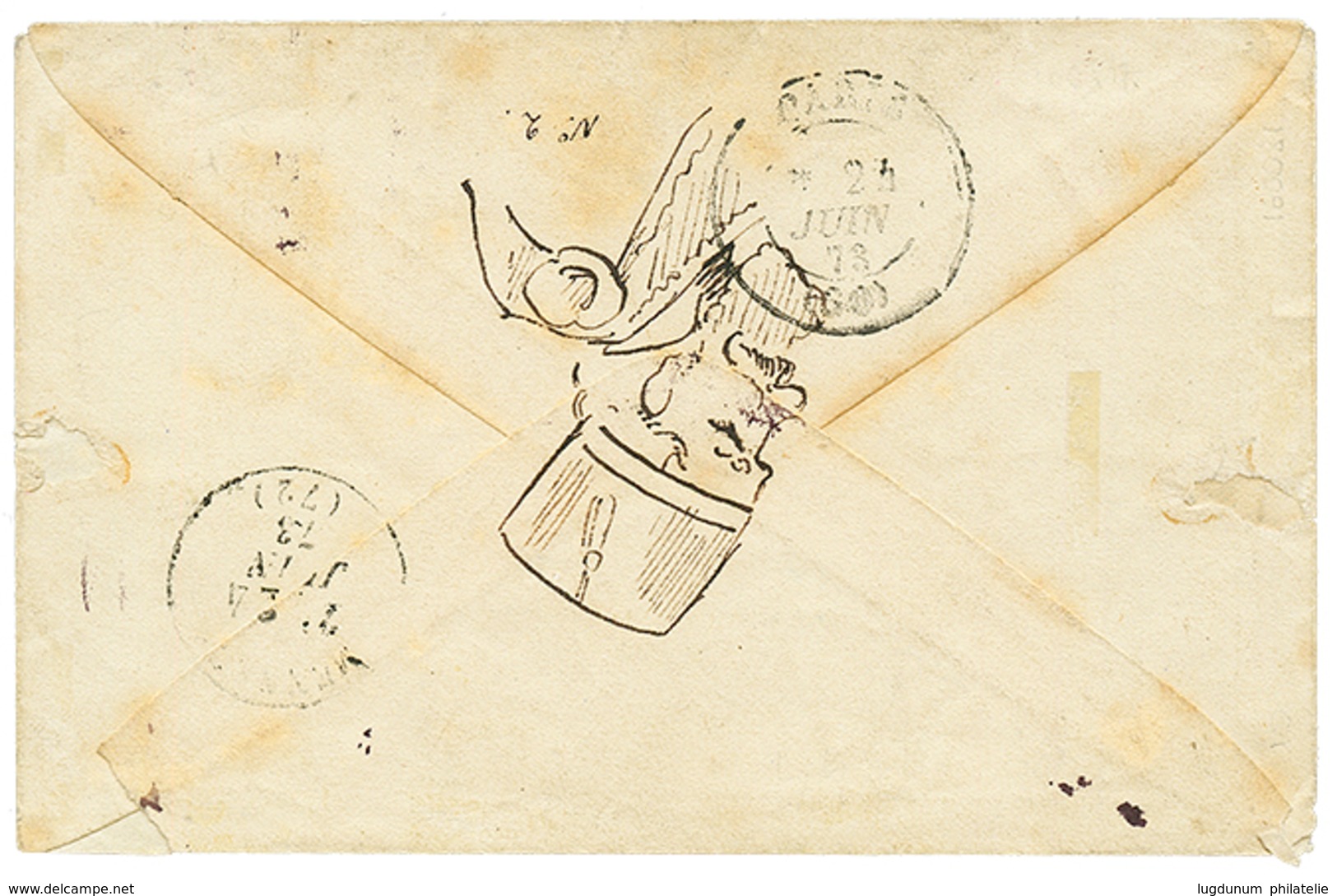 1873 25c CERES (n°60) Obl. GC 3219 + T.17 ROUEN Sur Magnifique Enveloppe Décorée à La Main. Signé CALVES. Superbe. - 1871-1875 Ceres