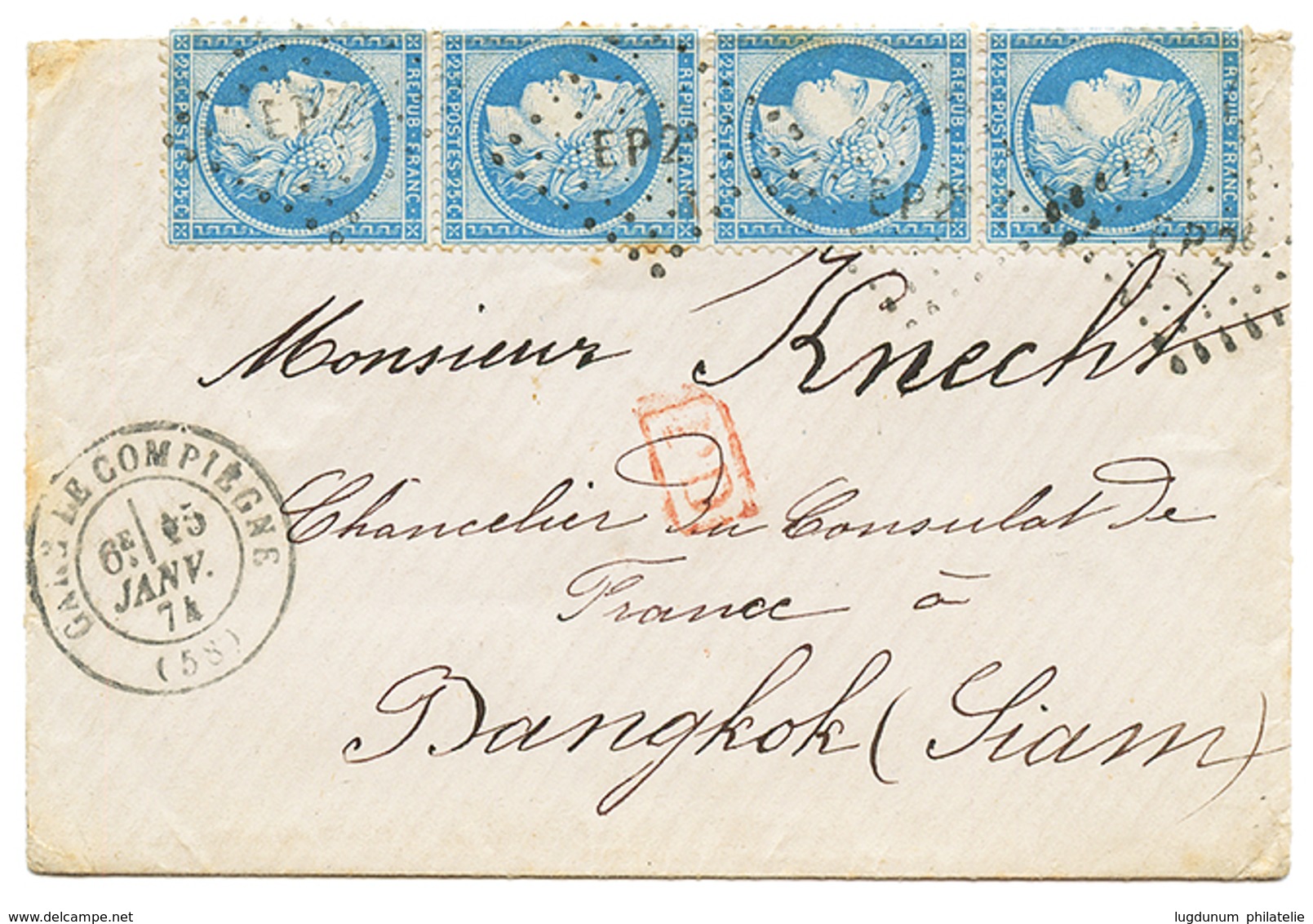 "Tarif PRE-U.P.U Pour Le SIAM" : 1874 Bande De 4 Du 25c CERES(n°60) Obl. Ambulant EP2° + GARE DE COMPIEGNE Sur Enveloppe - 1871-1875 Ceres