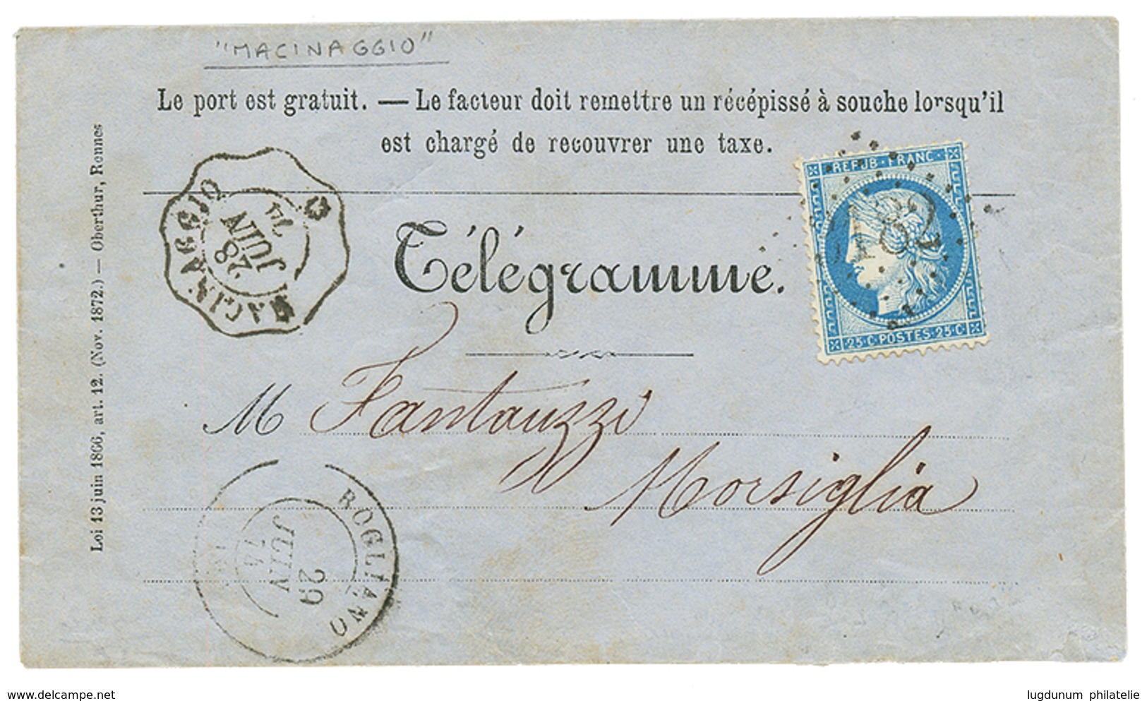 CORSE : 1874 25c CERES(n°60) Obl. GC 3182 + Cachet TELEGRAPHIQUE MACINAGGIO + T.17 ROGLIANO Sur Enveloppe TELEGRAMME Pou - 1871-1875 Ceres