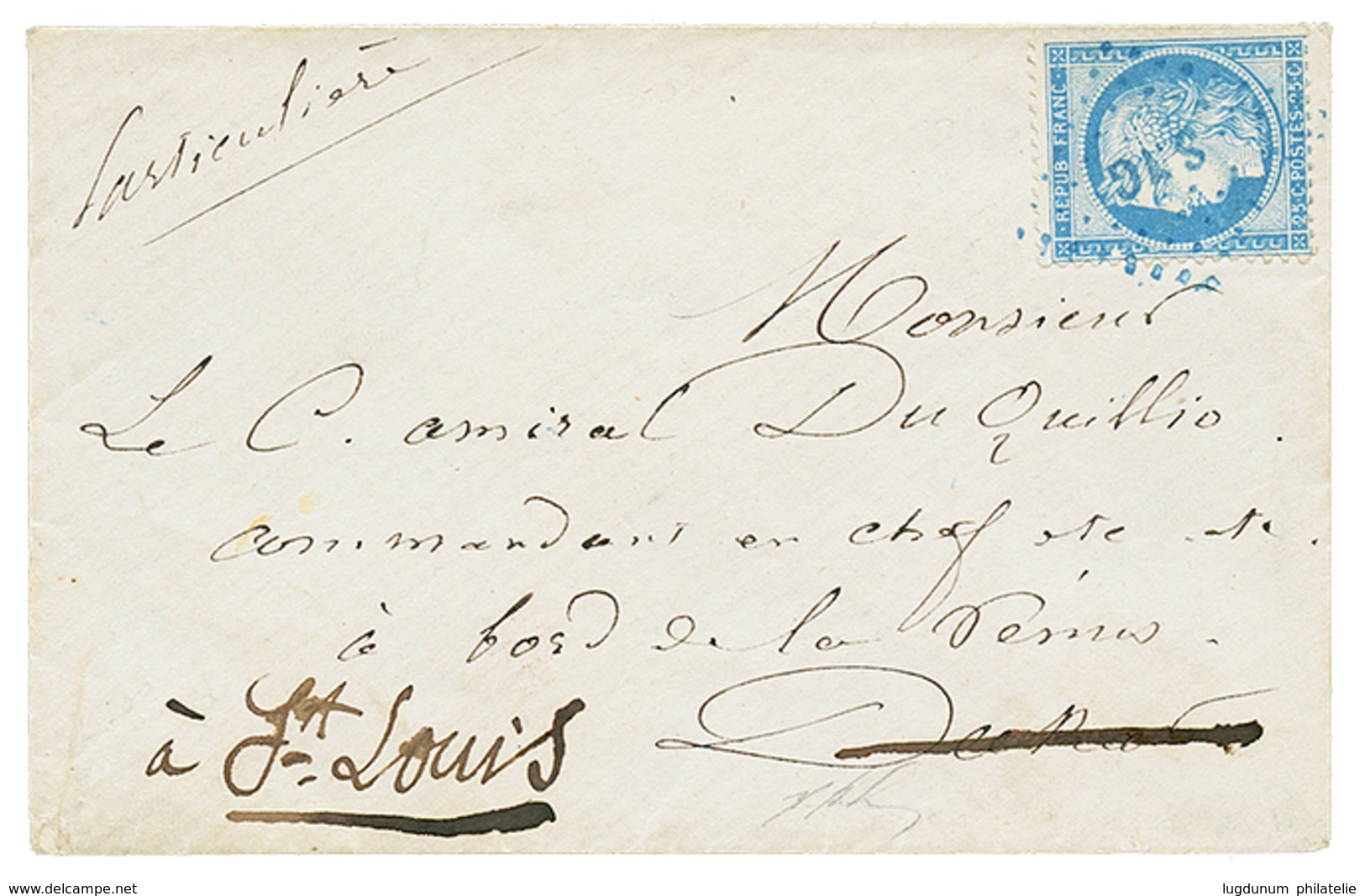 "Timbre De FRANCE Utilisé Au SENEGAL" : 1874 25c CERES (n°60) Obl. Losange SNG En Bleu Sur Envelope NON TAXEE Pour DAKAR - 1871-1875 Ceres