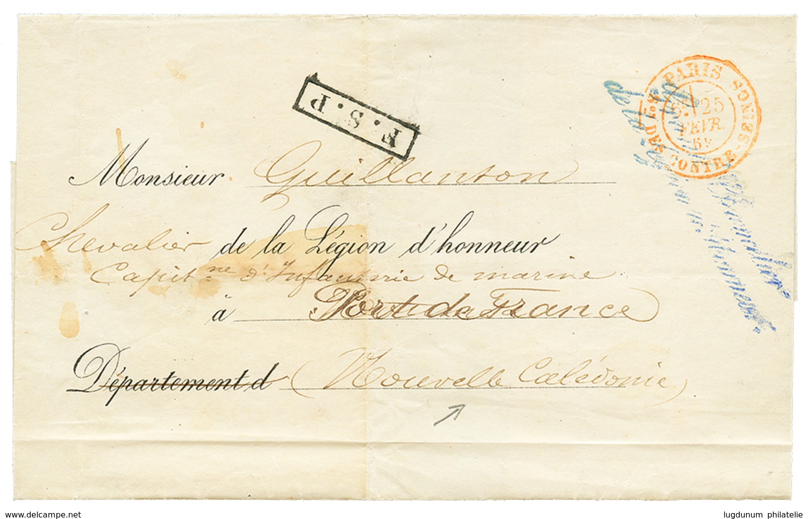 "F.S.P Pour La NLLE CALEDONIE" : 1869 Cachet F.S.P + GRAND CHANCELIER/DE LA LEGION D' HONNEUR + PARIS Son DES CONTRE-SEI - 1871-1875 Ceres