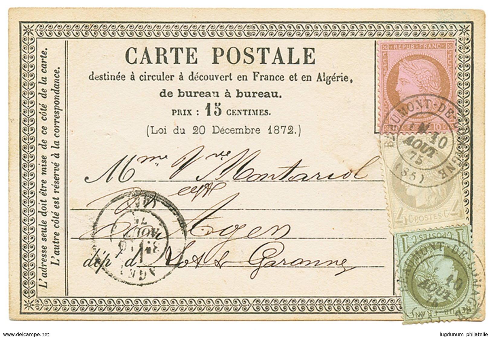 1875 CERES 1c + 4c + 10c Obl. Cachet T. 17 BEAUMONT-DE-LOMAGNE Sur CARTE PRECURSEUR Pour AGEN. TB. - 1871-1875 Ceres