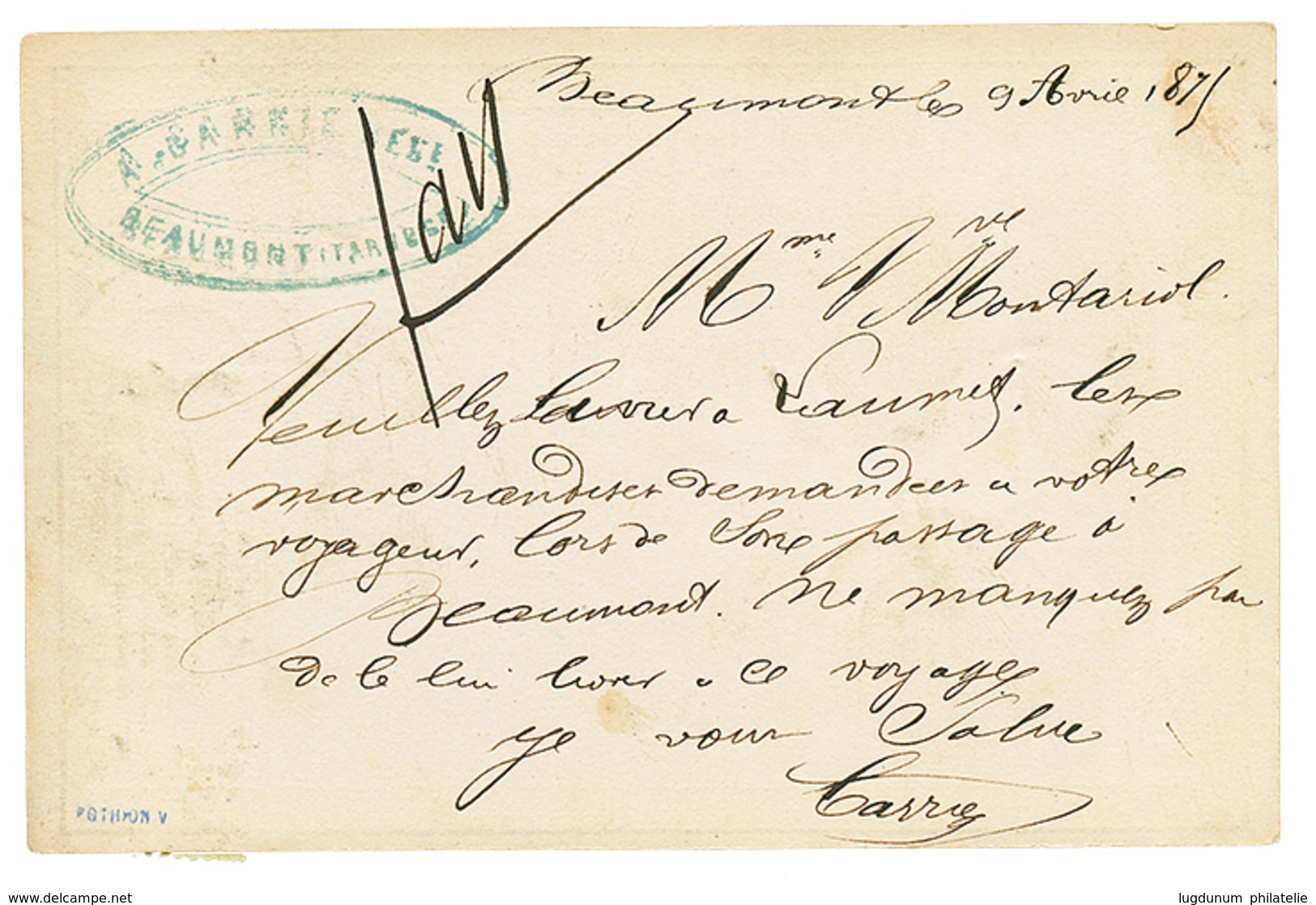 1875 CERES 1c + 4c + 10c Obl. Cachet T. 17 BEAUMONT-DE-LOMAGNE Sur CARTE PRECURSEUR Pour AGEN. TB. - 1871-1875 Ceres