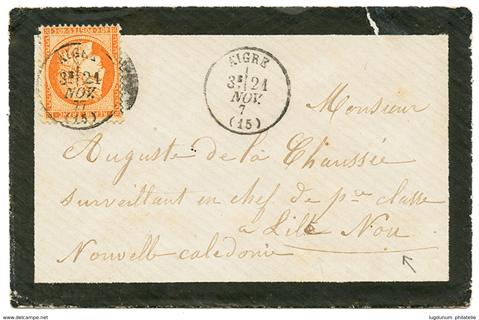 "Destination BAGNE De L' ILE De NOU En NLLE CALEDONIE" :1877 40c CERES Obl. T.16 AIGRE Sur Enveloppe Pour Le SURVEILLANT - 1871-1875 Ceres