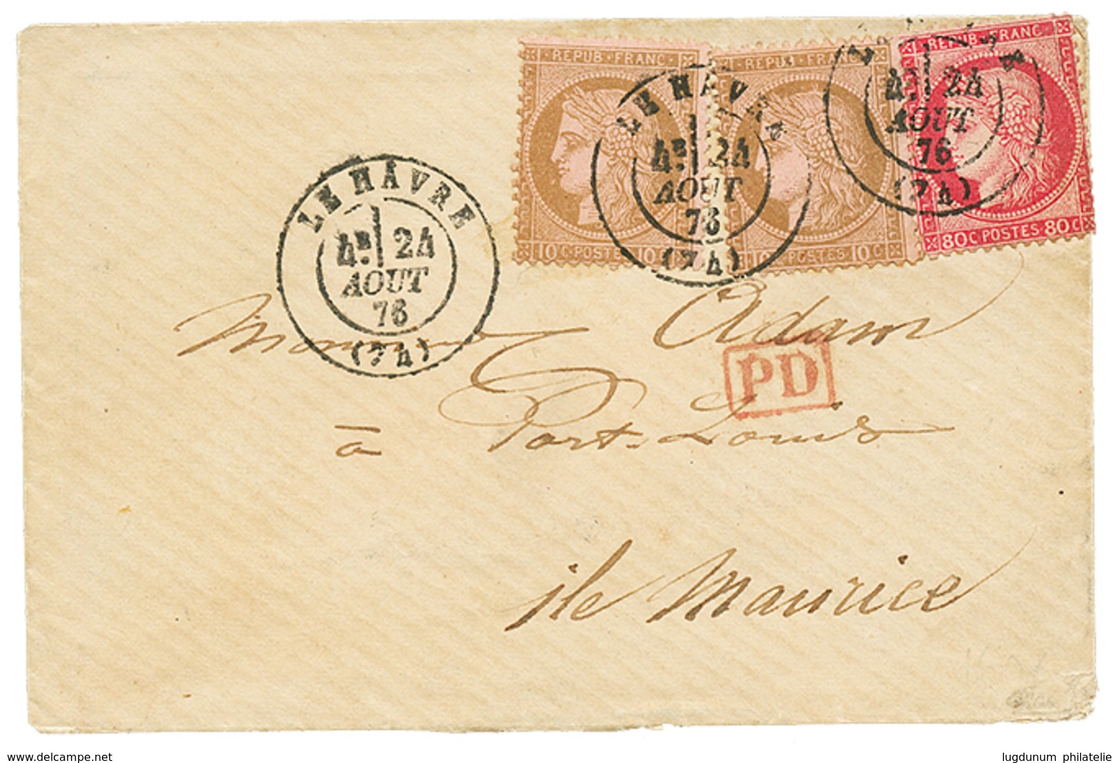 1876 CERES10c(x2) + 80c Obl. LE HAVRE Sur Enveloppe Pour L' ILE MAURICE. TB. - 1871-1875 Ceres