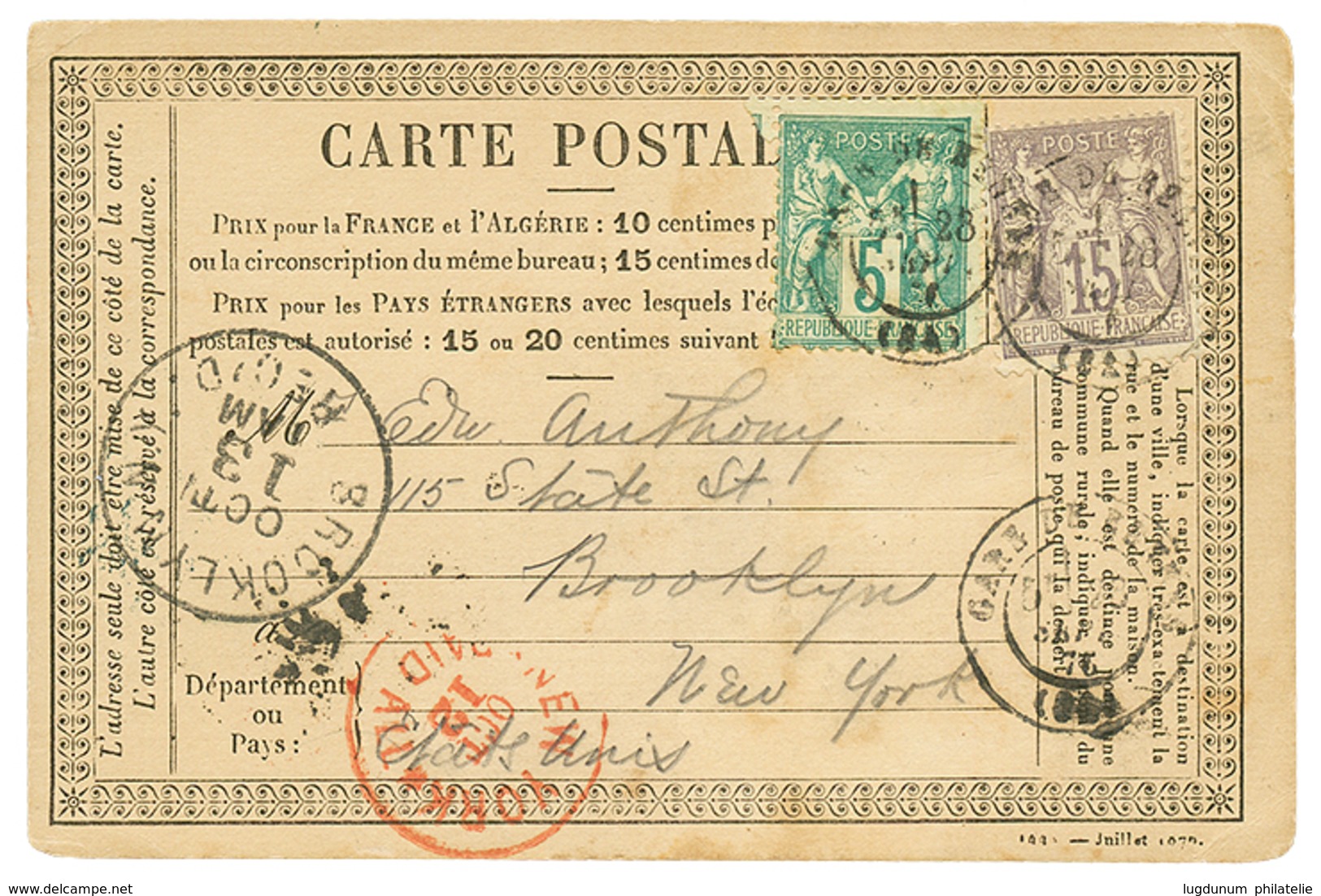 "Tarif Voie De Mer à 20c Pour Les ETATS-UNIS" : 1876 5c Type 1 (n°64) + 15c Type 1 (n°66) Obl. GARE DE RENNES Sur CARTE  - Sonstige & Ohne Zuordnung