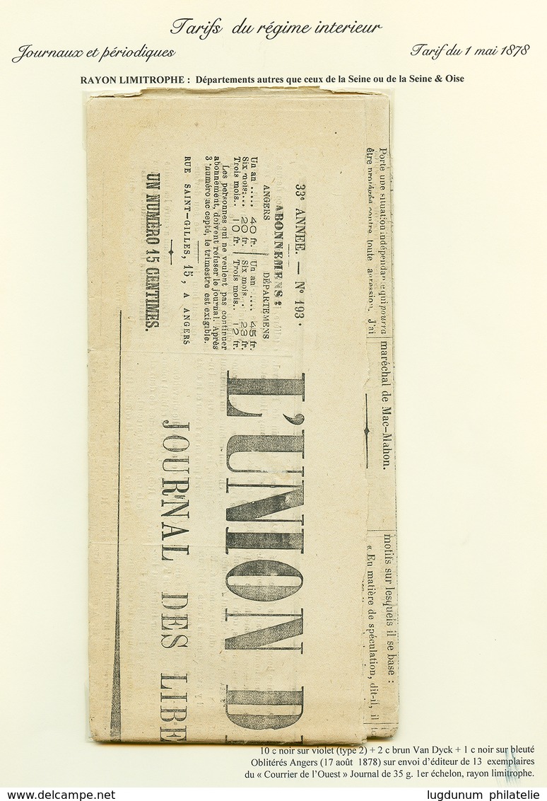 "Affrt à 13c Sur JOURNAL" :1878 1c + 2c+ 10c Obl. ANGERS Sur JOURNAL Complet "COURRIER DE L' OUEST". Tarif Rare. Superbe - Sonstige & Ohne Zuordnung