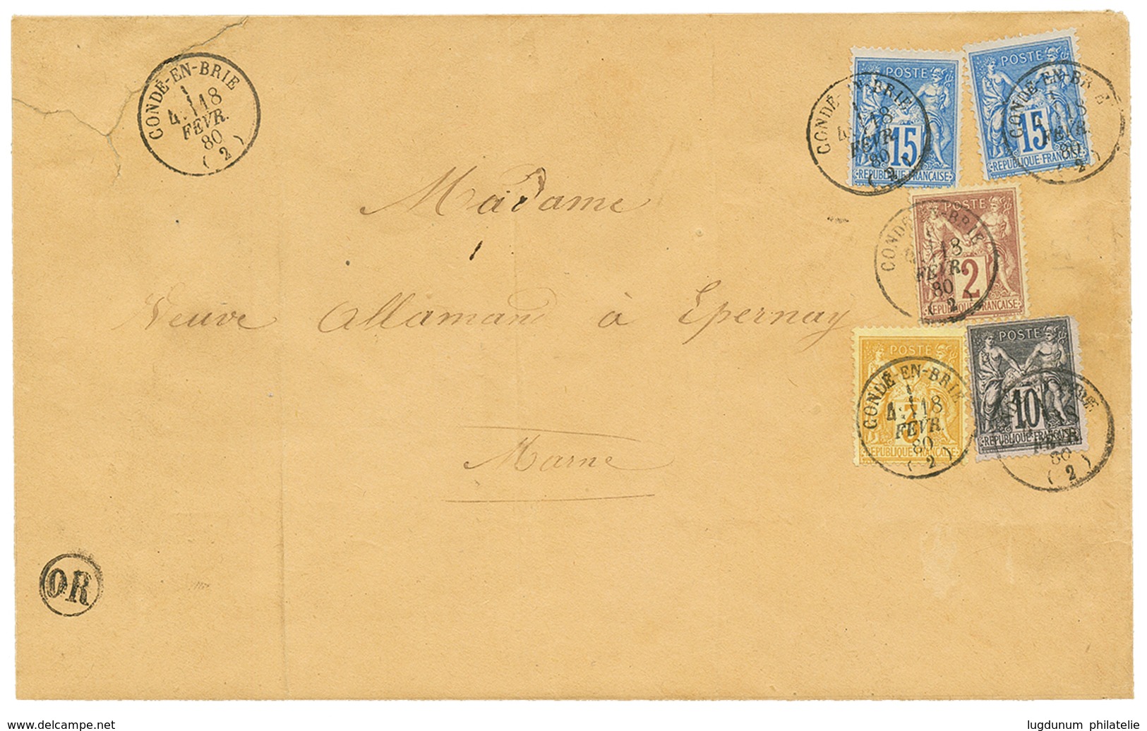 1880 3c Jaune (n°86)+ 2c+ 10c+ 15c(x2) Obl. T.16 CONDE-EN-BRIE Sur Env(pd) Pour EPERNAY. Rare. TTB . - Sonstige & Ohne Zuordnung