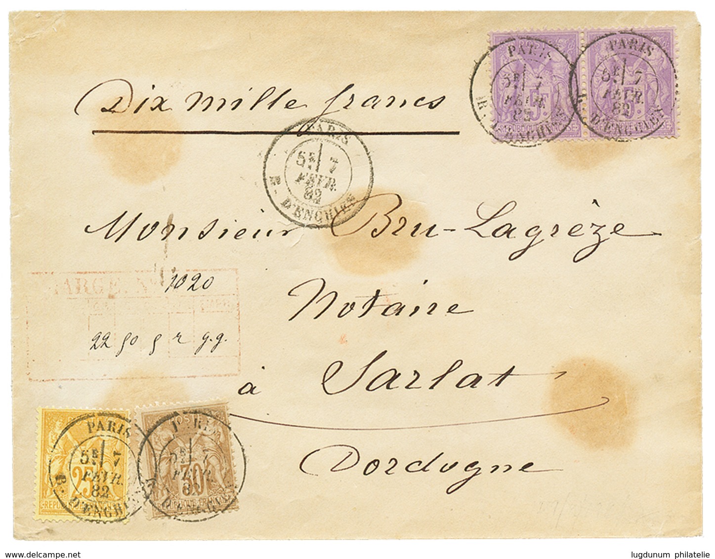 1882 Paire 5F Violet (n°95) + 25c+ 30c Obl. PARIS Sur Envelope CHARGEE + VD = 10 000F Pour SARLAT. RARE. TTB. - Sonstige & Ohne Zuordnung