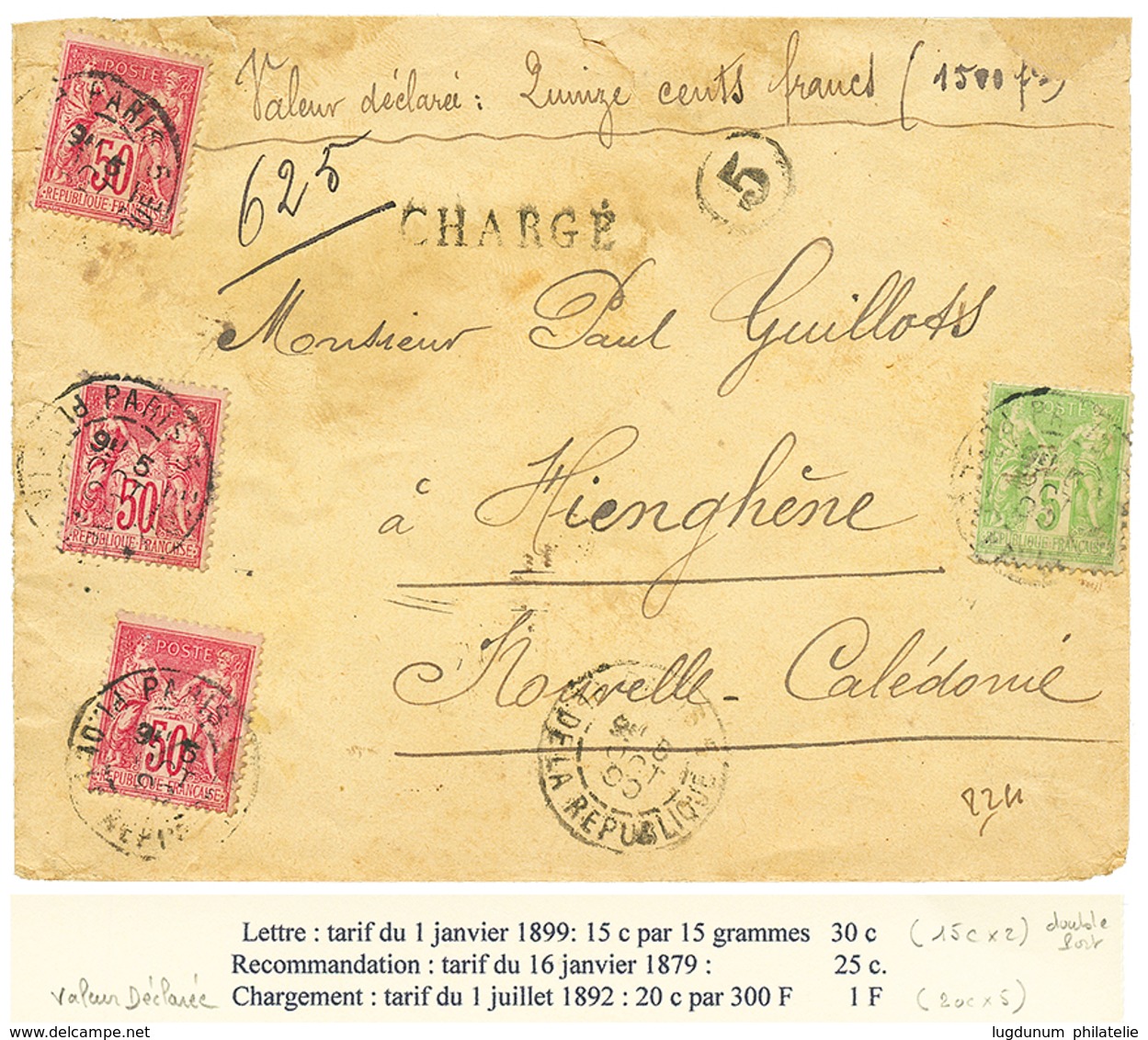 "Lettre CHARGEE Pour HYENGHENE NLLE CALEDONIE" : 1899 SAGE 5c + 50c(x3) Sur Env(pd) CHARGEE + VD = 1500F Pour HYENGHENE. - Sonstige & Ohne Zuordnung