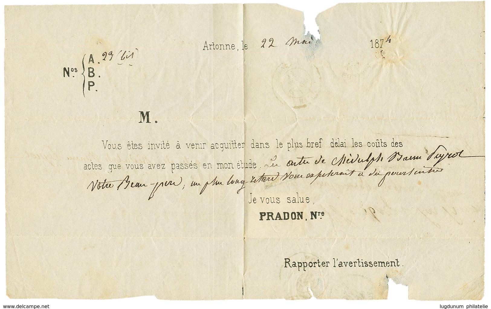 1874 25c TAXE (n°5) 3 Grandes Marges + Bord De Feuille Obl. OR + Boite Rurale E + Taxe 40 D.T Sur Lettre Avec Texte Daté - Sonstige & Ohne Zuordnung