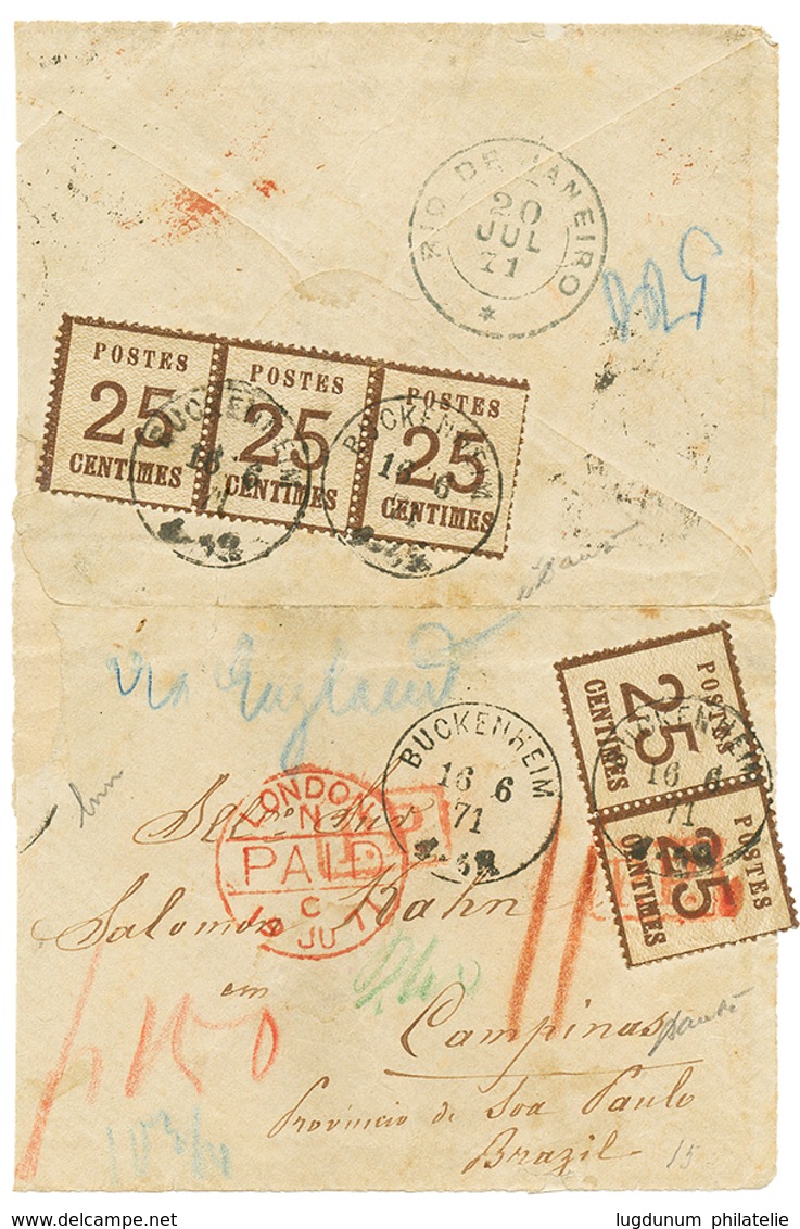 ALSACE LORRAINE Pour Le BRESIL : 1871 Paire 25c + Verso Bande De 3 Du 25c Obl. BUCKENHEIM Sur Enveloppe(pd) Pour CAMPIBA - Sonstige & Ohne Zuordnung