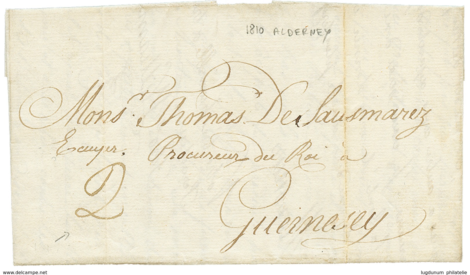 "ALDERNAY" : 1810 Taxe "2" Sur Lettre Avec Texte En Français Daté "AURIGNY" Pour GUERNESEY. Origine RARE. TTB. - 1701-1800: Vorläufer XVIII