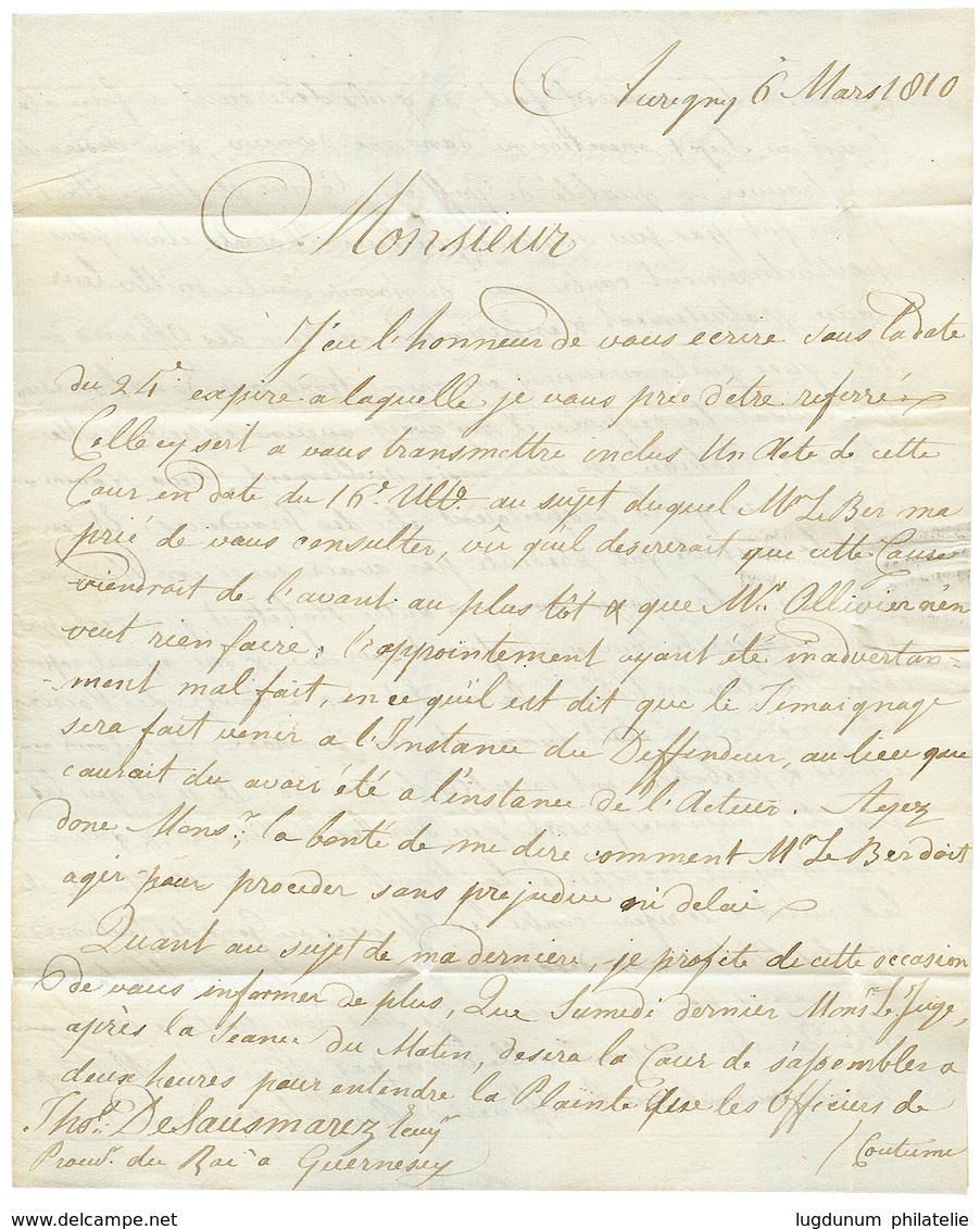 "ALDERNAY" : 1810 Taxe "2" Sur Lettre Avec Texte En Français Daté "AURIGNY" Pour GUERNESEY. Origine RARE. TTB. - 1701-1800: Vorläufer XVIII