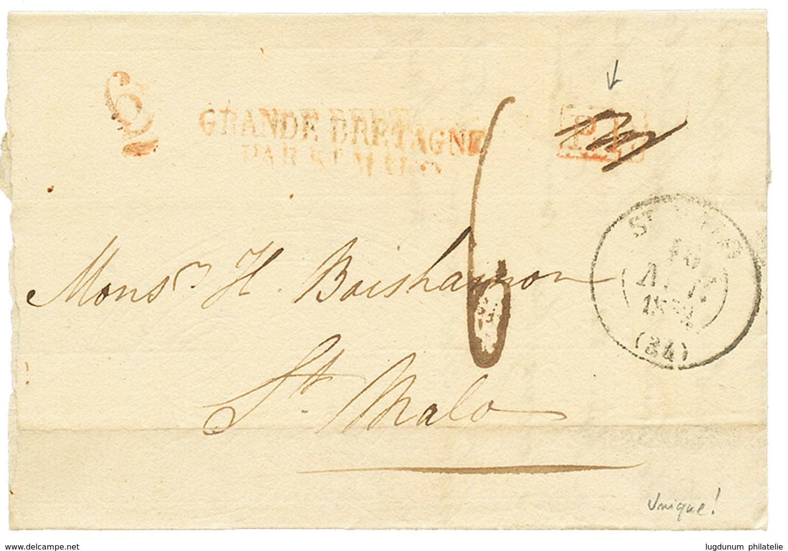 1832 GRANDE BRETAGNE PAR ST MALO En ROUGE (Rarissime) + P.P Biffé Sur Lettreavec Texte De GUERNESEY Pour ST MALO. RARETE - 1701-1800: Vorläufer XVIII