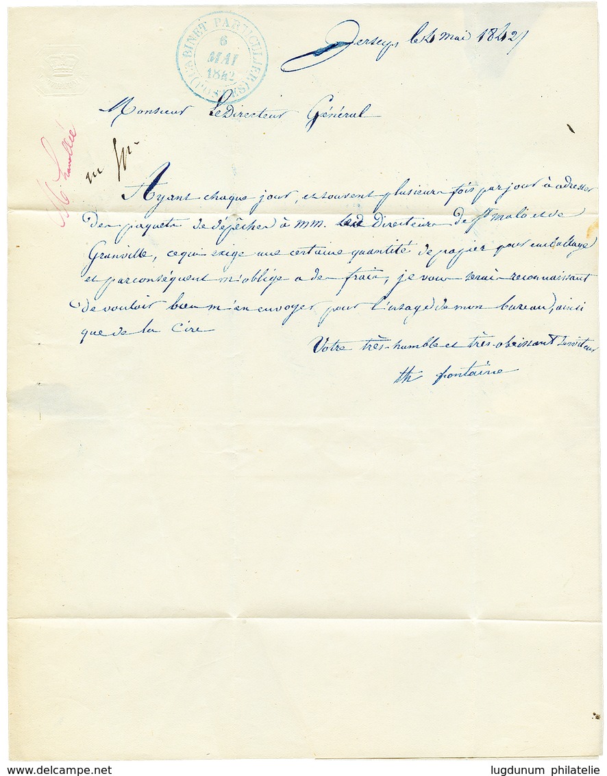 BUREAU FRANCAIS à JERSEY - FRENCH POSTAL Agent In JERSEY : 1842 OUTRE-MER ST MALO + "SERVICE" Manuscrit Sur Lettre Avec  - 1701-1800: Vorläufer XVIII