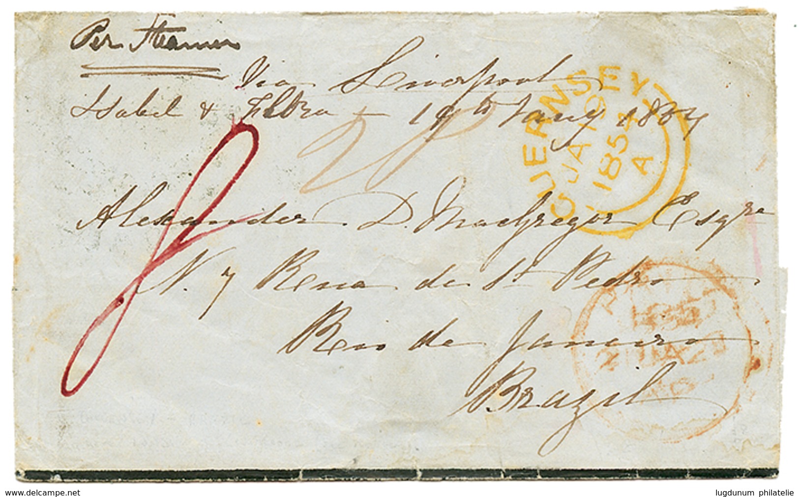 "GUERNESEY Pour Le BRESIL" : 1854 GUERNSEY In Red + Taxe 8 Sur Lettre Pour RIO DE JANEIRO. TB. - 1701-1800: Vorläufer XVIII