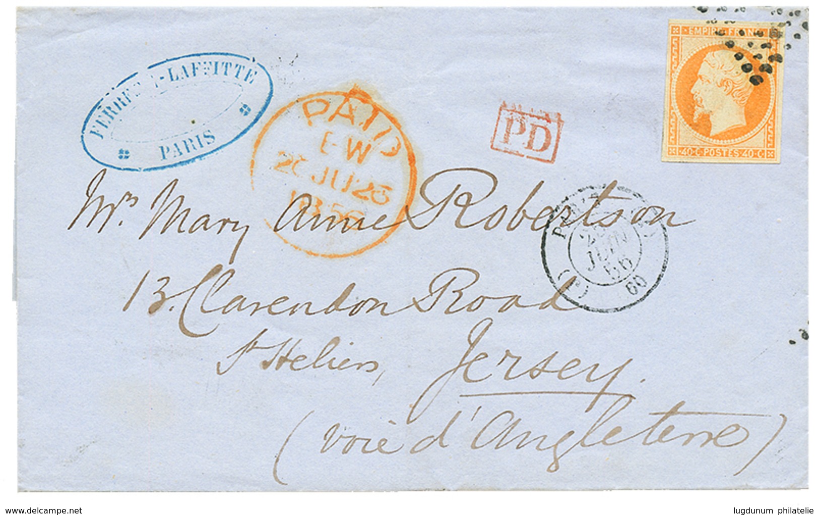 1856 FRANCE 40c(n°16) TB Margé Sur Lettre De PARIS Pour JERSEY (grand Cachet Au Verso). Superbe. - 1701-1800: Vorläufer XVIII