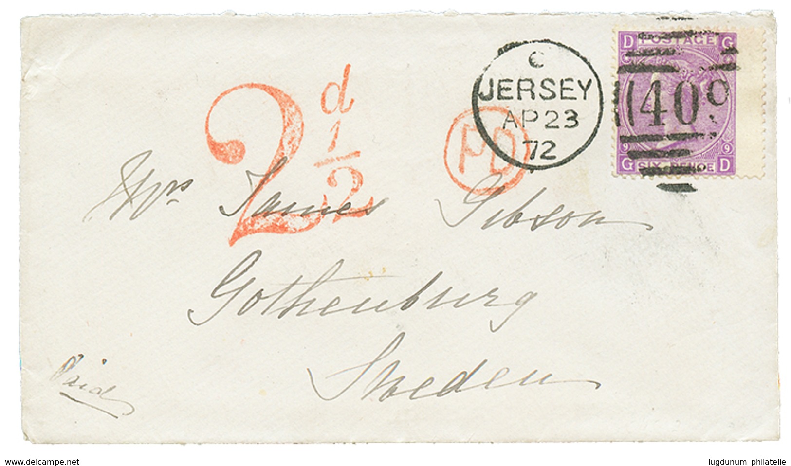JERSEY Pour La SUEDE : 1872 6d + Taxe 2 1/2d Sur Enveloppe De JERSEY Pour GOTHENBURG SWEDEN. Superbe. - 1701-1800: Vorläufer XVIII