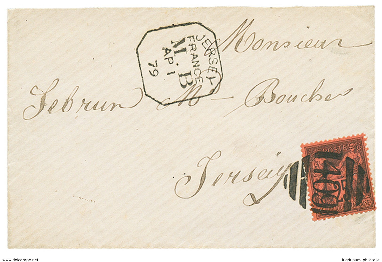 1879 25c SAGE Obl. Killer 409 + JERSEY/ FRANCE/ M.B Sur Enveloppe Pour JERSEY. Qualité Exceptionnelle. - 1701-1800: Precursors XVIII