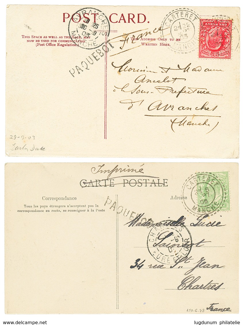 ENTREES MARITIMES : 1903/05 Timbres ANGLAIS Obl. CARTERET MANCHE + PAQUEBOT Sur 2 Lettres. Superbe. - 1701-1800: Vorläufer XVIII