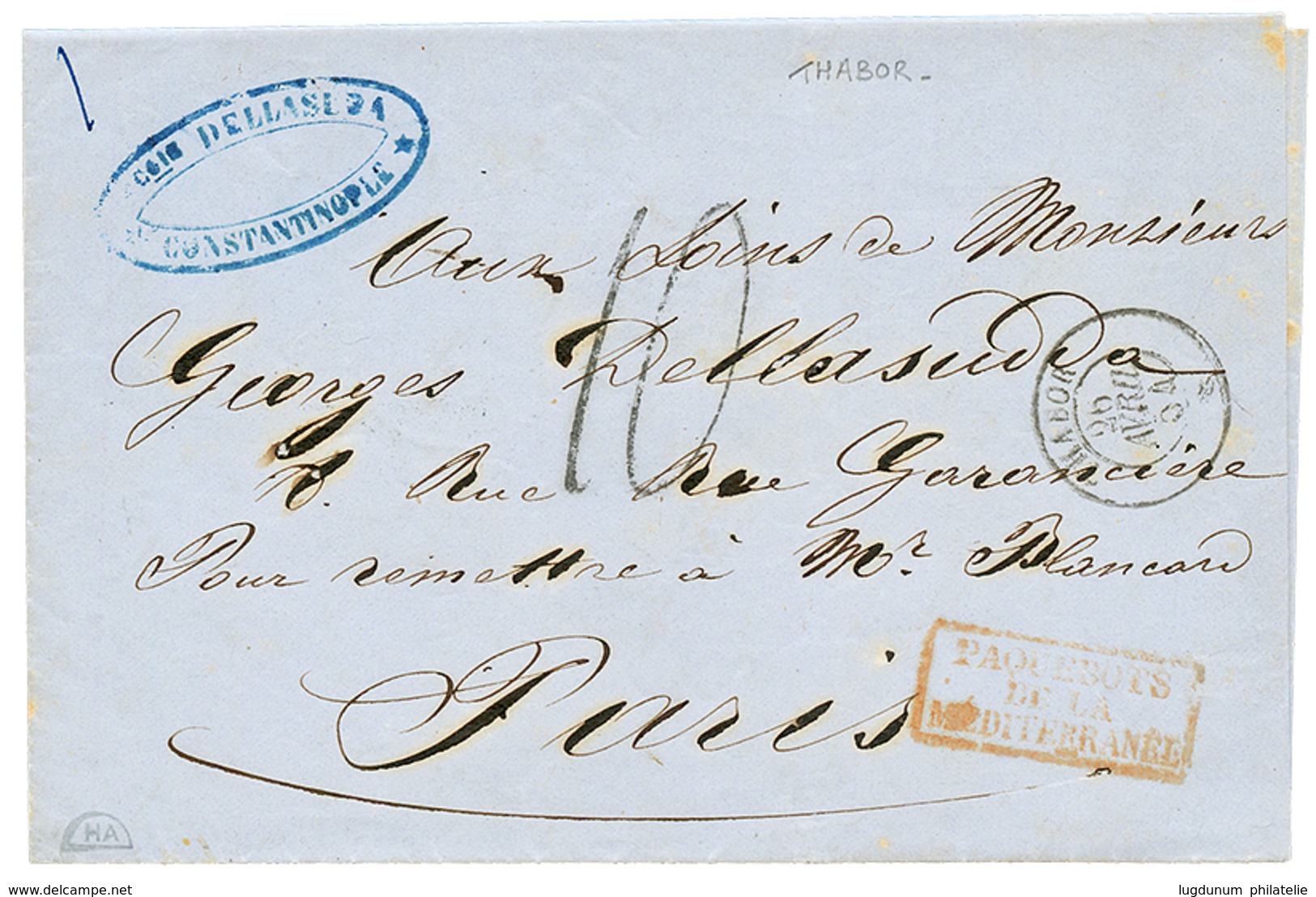 1854 Paquebot THABOR 26 Avril 54 + Taxe 10 Sur Lettre Avec Texte De CONSTANTINOPLE Pour PARIS. TB. - Schiffspost