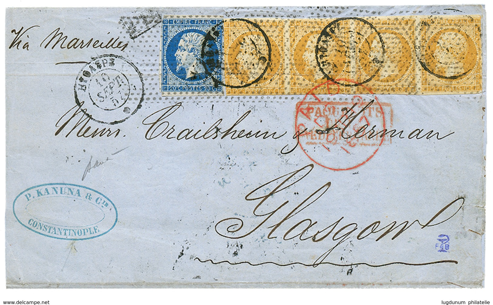 "HYDASPE" : 1857 Bande De 4 Du 10c(n°13) + 20c(n°14) Obl. Cachet HYDASPE 19 Sept 57 + Rouleau De Pointillés Fins Apposés - Schiffspost