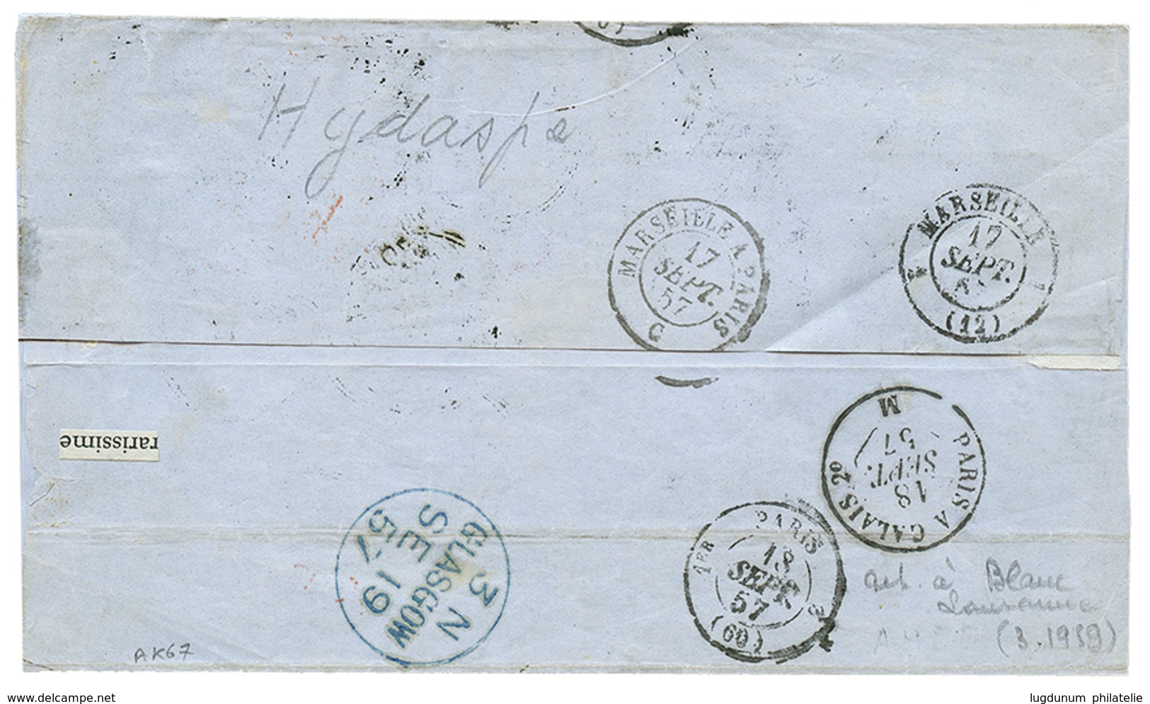 "HYDASPE" : 1857 Bande De 4 Du 10c(n°13) + 20c(n°14) Obl. Cachet HYDASPE 19 Sept 57 + Rouleau De Pointillés Fins Apposés - Schiffspost