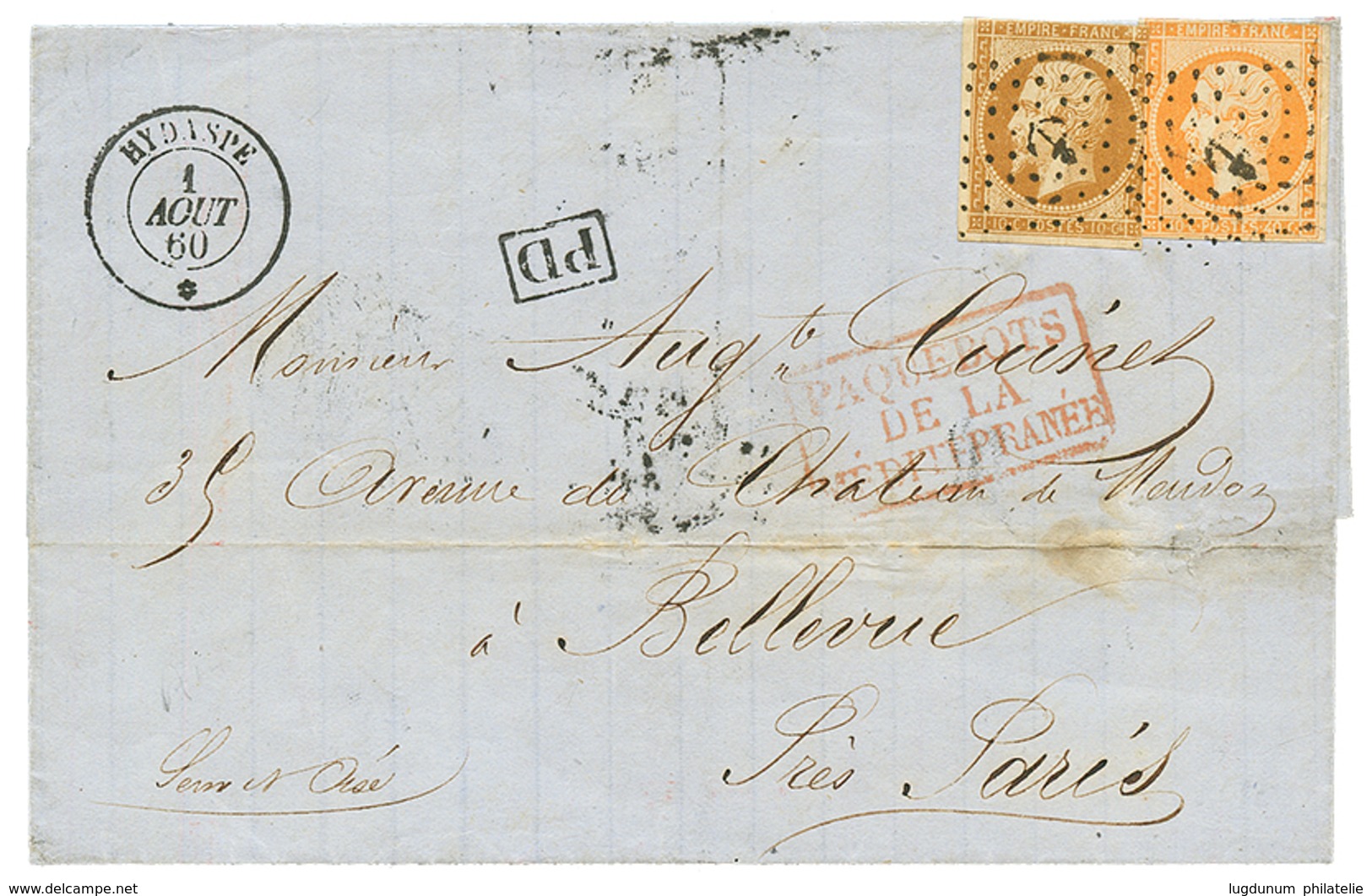 1860 10c(n°13) + 40c(n°16) Obl. ANCRE + HYDASPE 1 Aout 60 Sur Lettre De CONSTANTINOPLE. TB. - Maritime Post