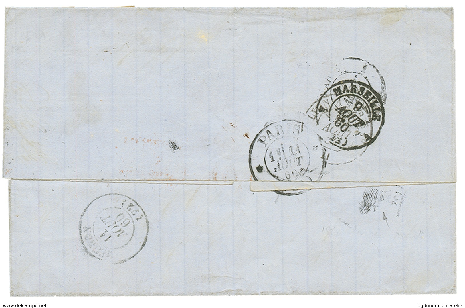 1860 10c(n°13) + 40c(n°16) Obl. ANCRE + HYDASPE 1 Aout 60 Sur Lettre De CONSTANTINOPLE. TB. - Schiffspost