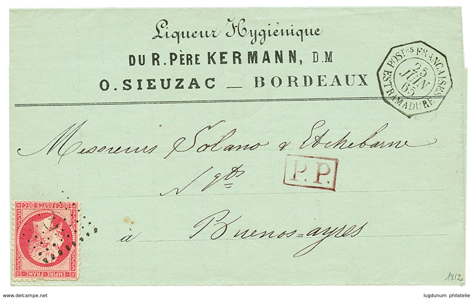 1865 80c(qqles Dents Courtes) Obl. ANCRE + POSTES FRANCAISES ESTRAMADURE Sur Lettre De BORDEAUX Pour BUENOS-AYRES. Trés  - Schiffspost