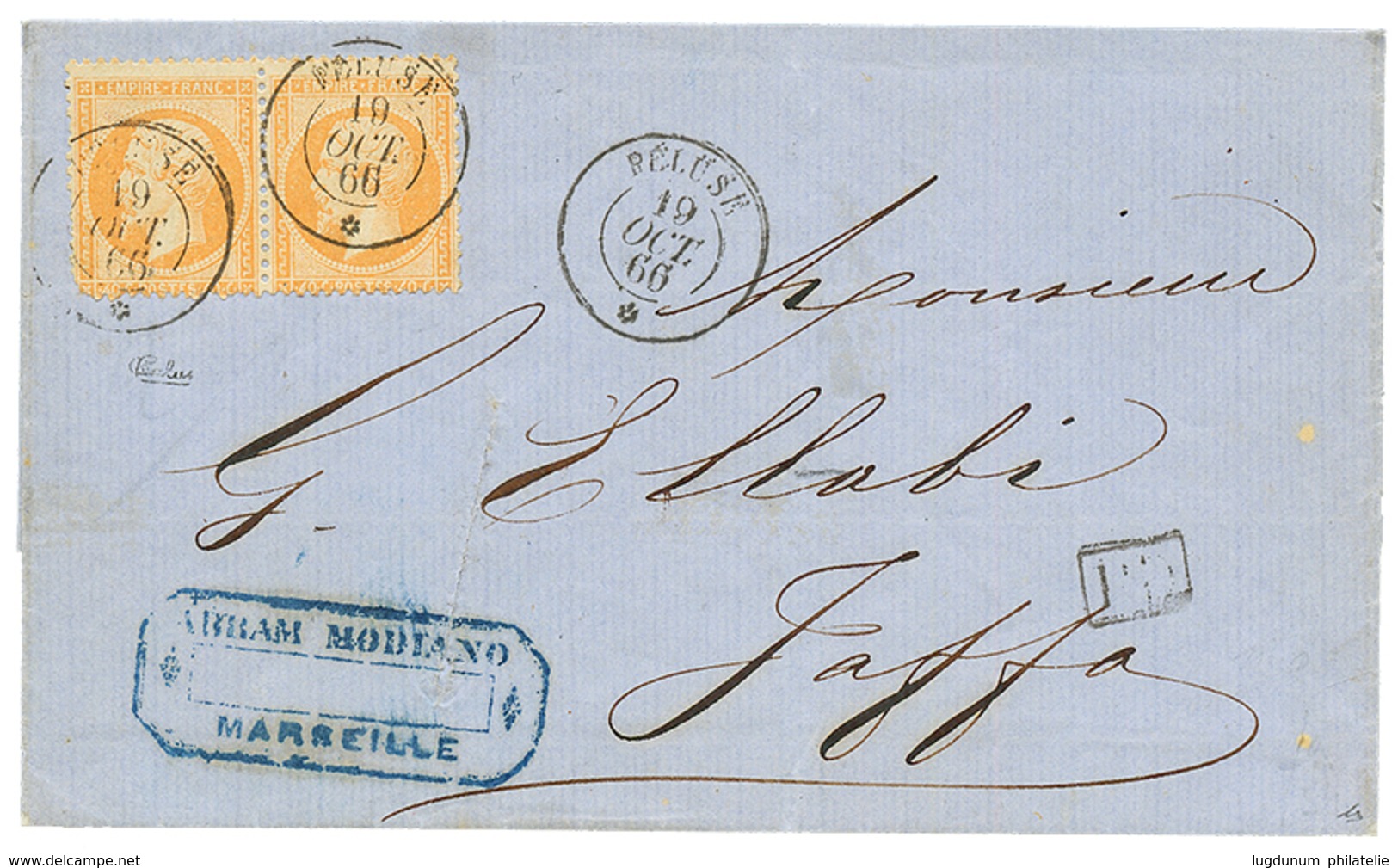 "Paquebot PELUSE Pour JAFFA" : 1866 Paire 40c(pd) Obl. PELUSE 19 Oct 66 Sur Lettre De MARSEILLE Pour JAFFA (PALESTINE).  - Schiffspost