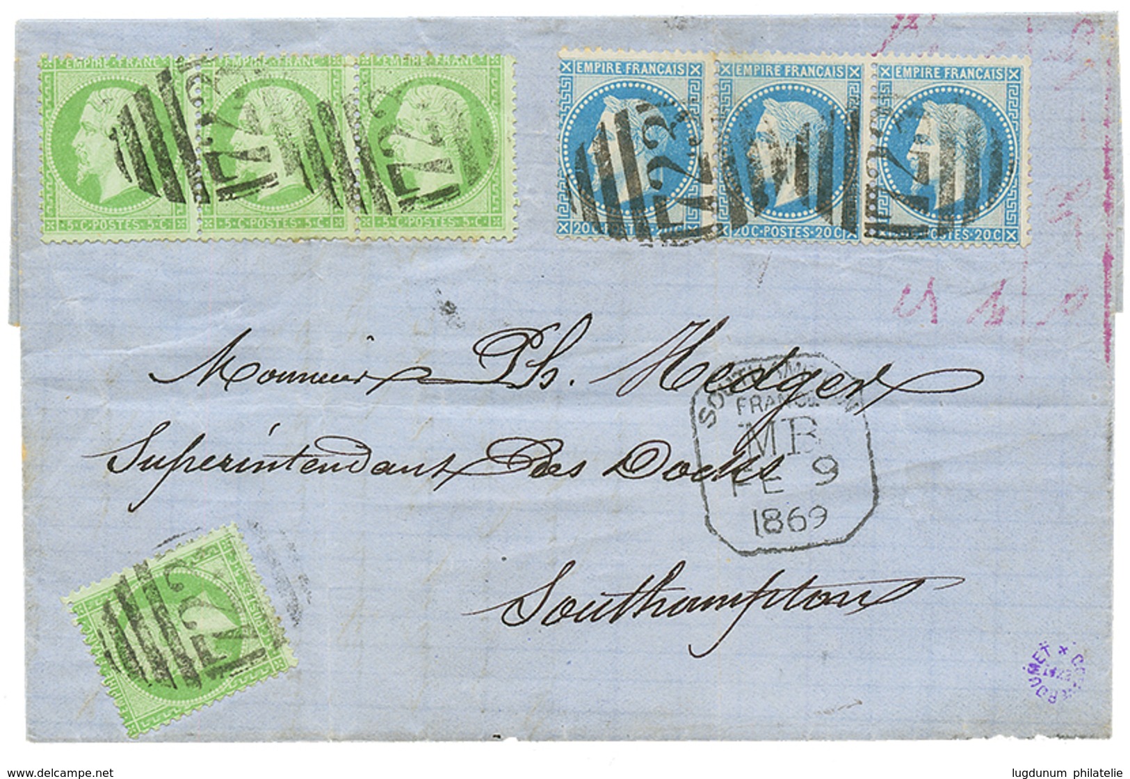 BOITE MOBILE De SOUTHAMPTON : 1869 Affranchissement Exceptionnel à 80c Avec 5c(n°20)x4 + 20c(n°29)x3 Obl. Cachet Anglais - Schiffspost