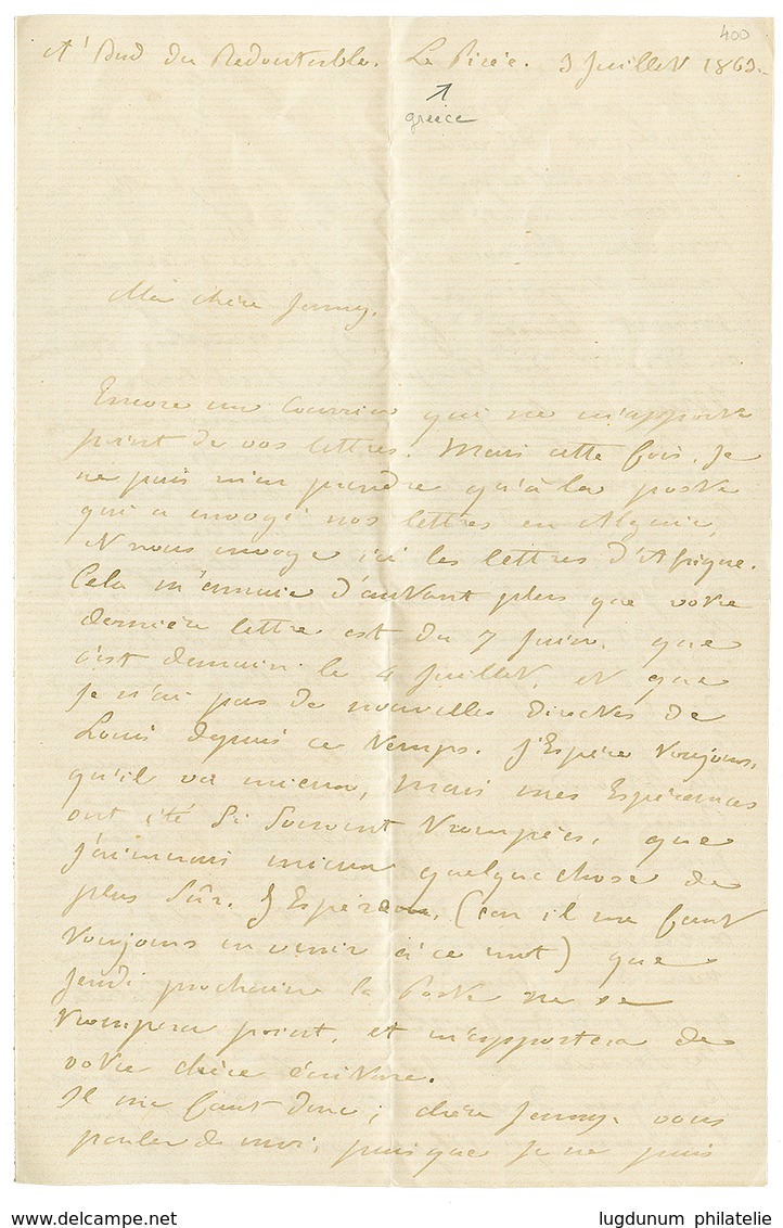 1863 20c Obl. GC 2240 + ESCAD. DE LA MEDIT. MARSEILLE Sur Enveloppe Avec Texte Daté "LE PIREE, A Bord Du REDOUTABLE" Pou - Schiffspost