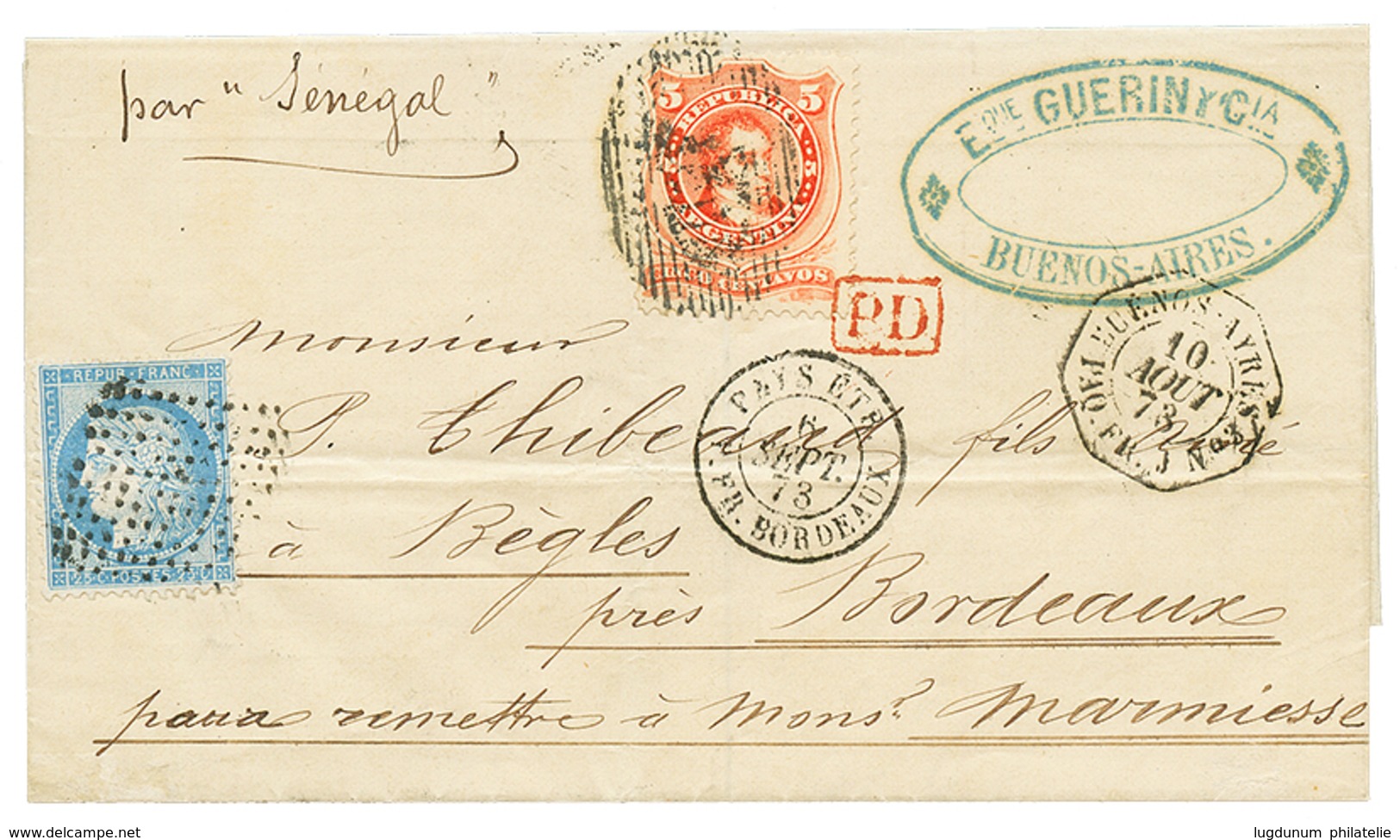 "Oblitération Provisoire De 144 Points" : 1873 ARGENTINE 5 Obl. Spéciale + FRANCE 25c + Verso 25c (x3) Obl. Provisoire T - Schiffspost