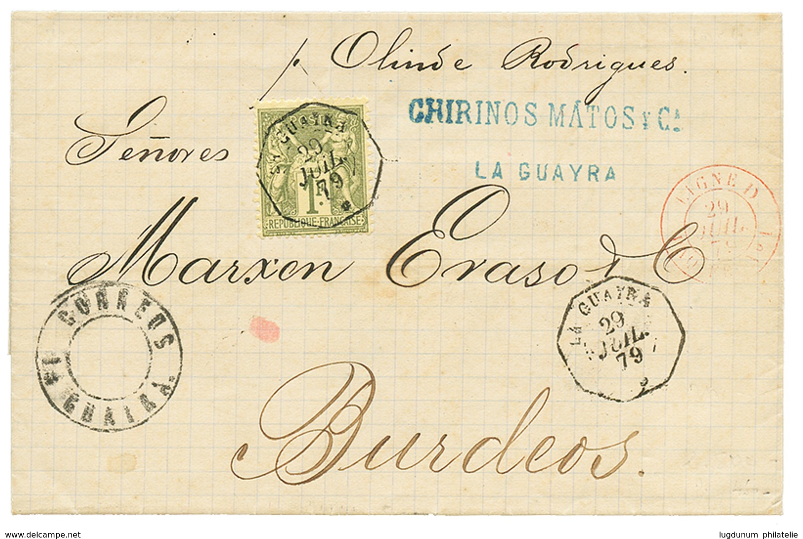 1879 1F SAGE Obl. LA GUAYRA + LIGNE D PAQ FR En Rouge(rare) Sur Lettre Pour BORDEAUX. Superbe Qualité. - Schiffspost